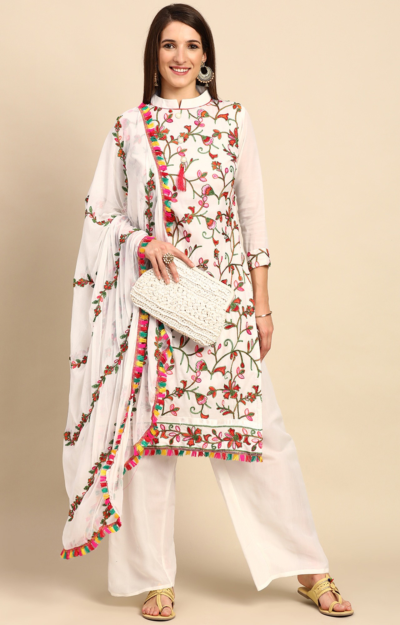 Shaily Women White Color Cotton Embroidered With Tessels Unstitched Dress Material-VF_LILY_WHTE_DM