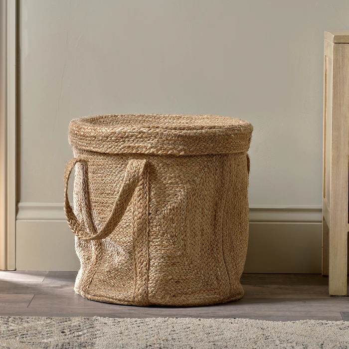 Handwoven Jute Laundry Basket with Lid and Handles – Natural Round Woven Storage Basket for Laundry, Blankets & Home Organization