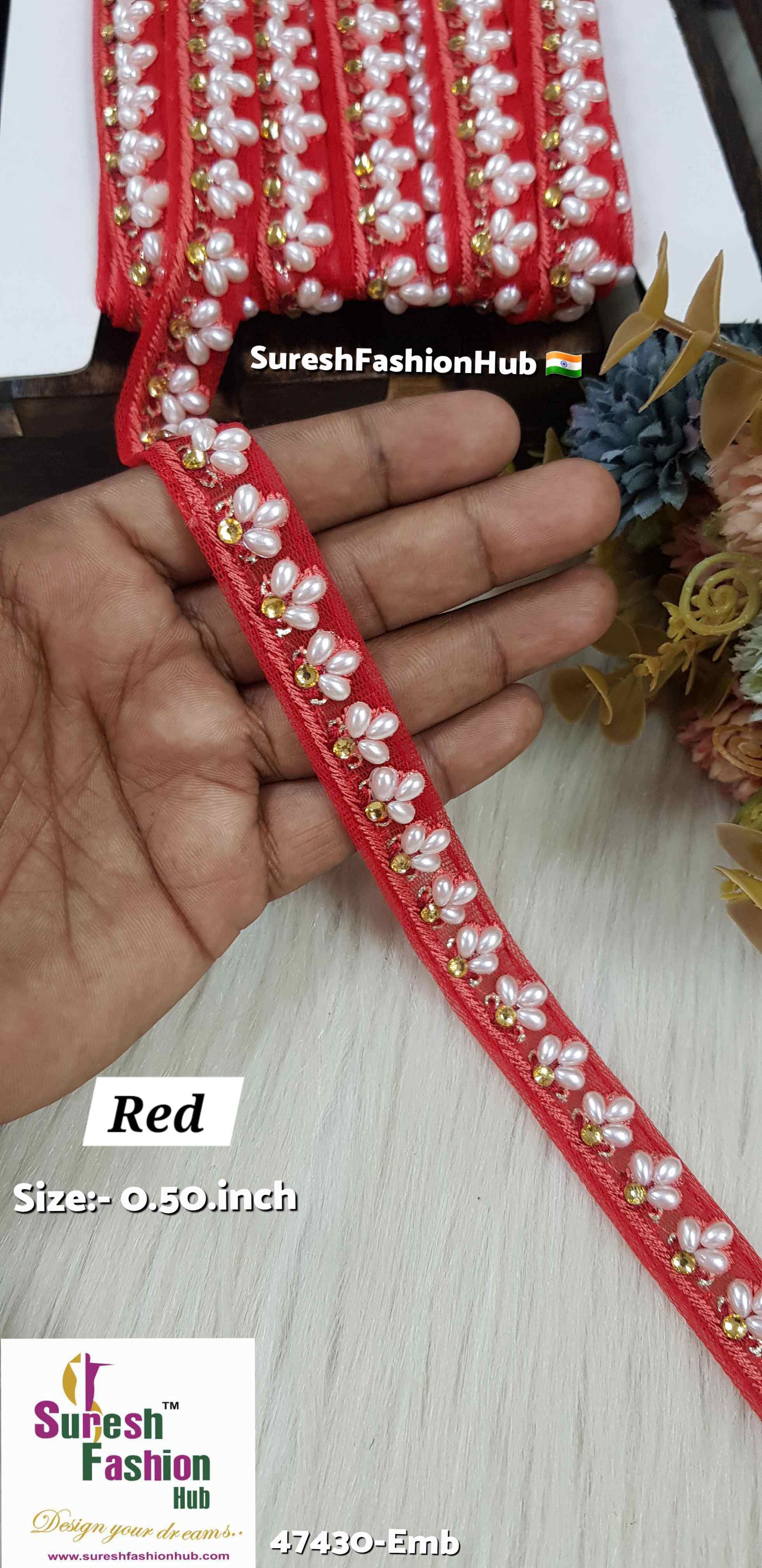 LuxeGlimmer Embroidered Trim Red Color