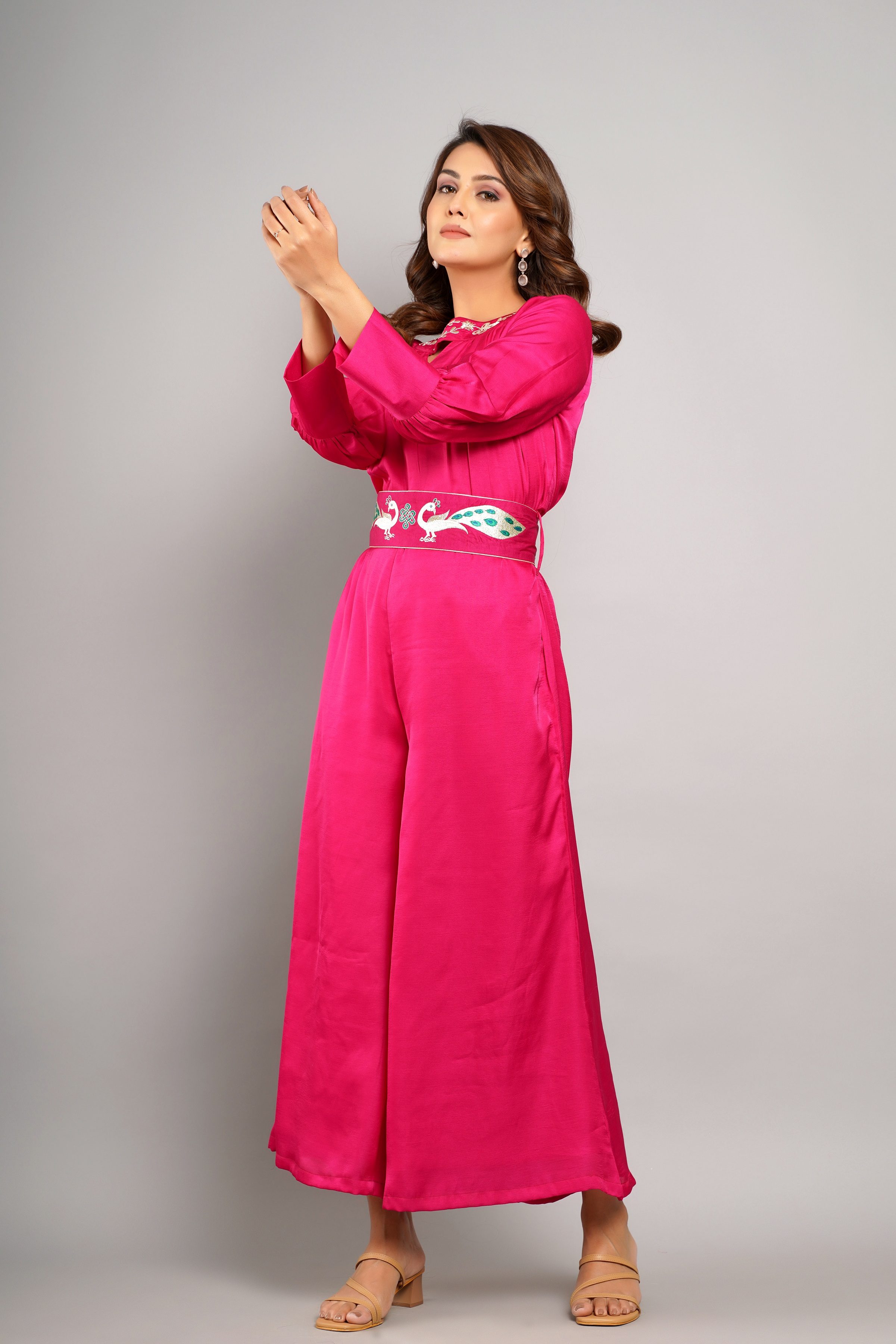 PINK EMBROIDERY WORK ON COLLAR AND EMBROIDERED BEL JUMPSUIT