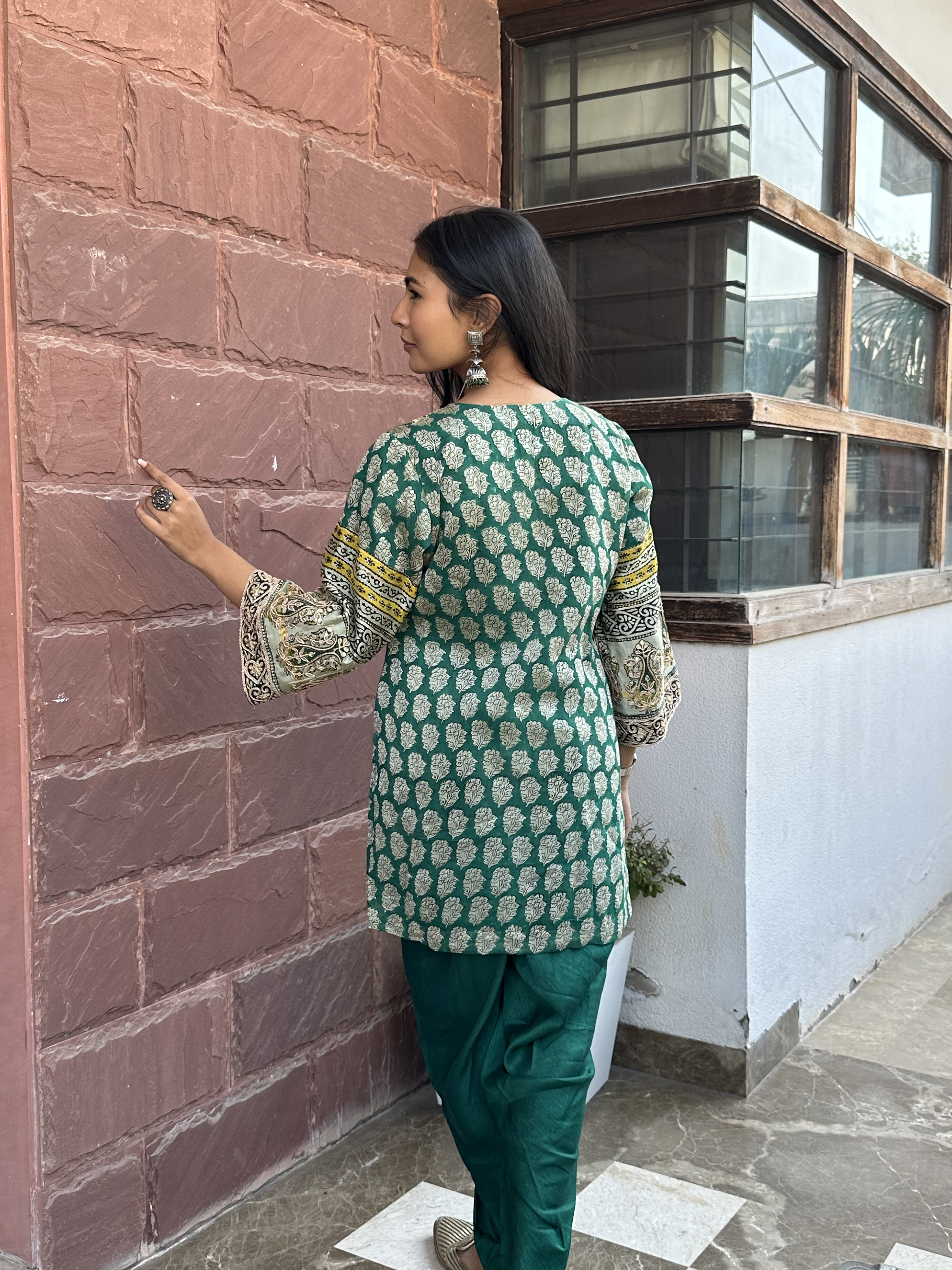 Green Hand block print and handwork kurta set