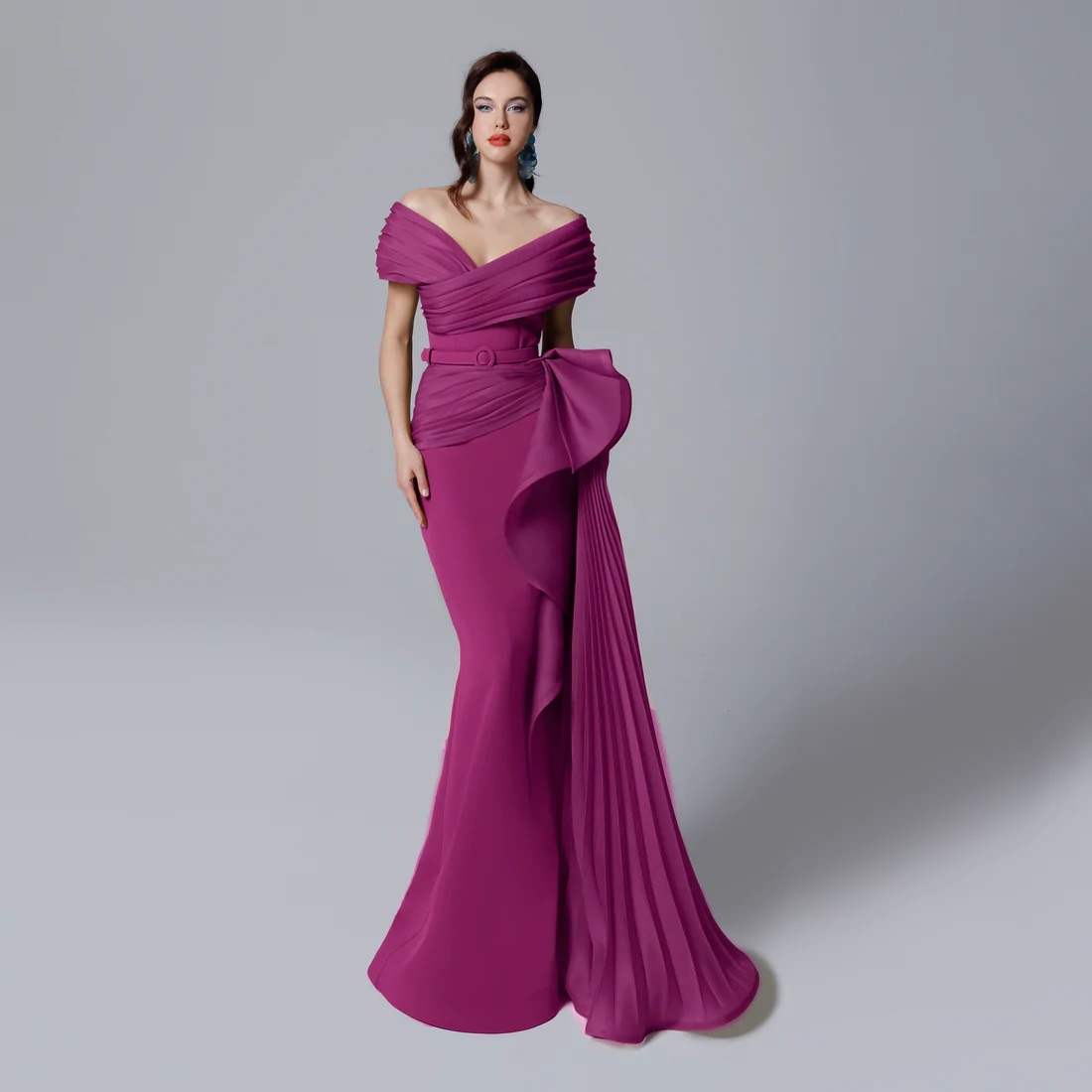 Off shoulder pleated mermaid gown