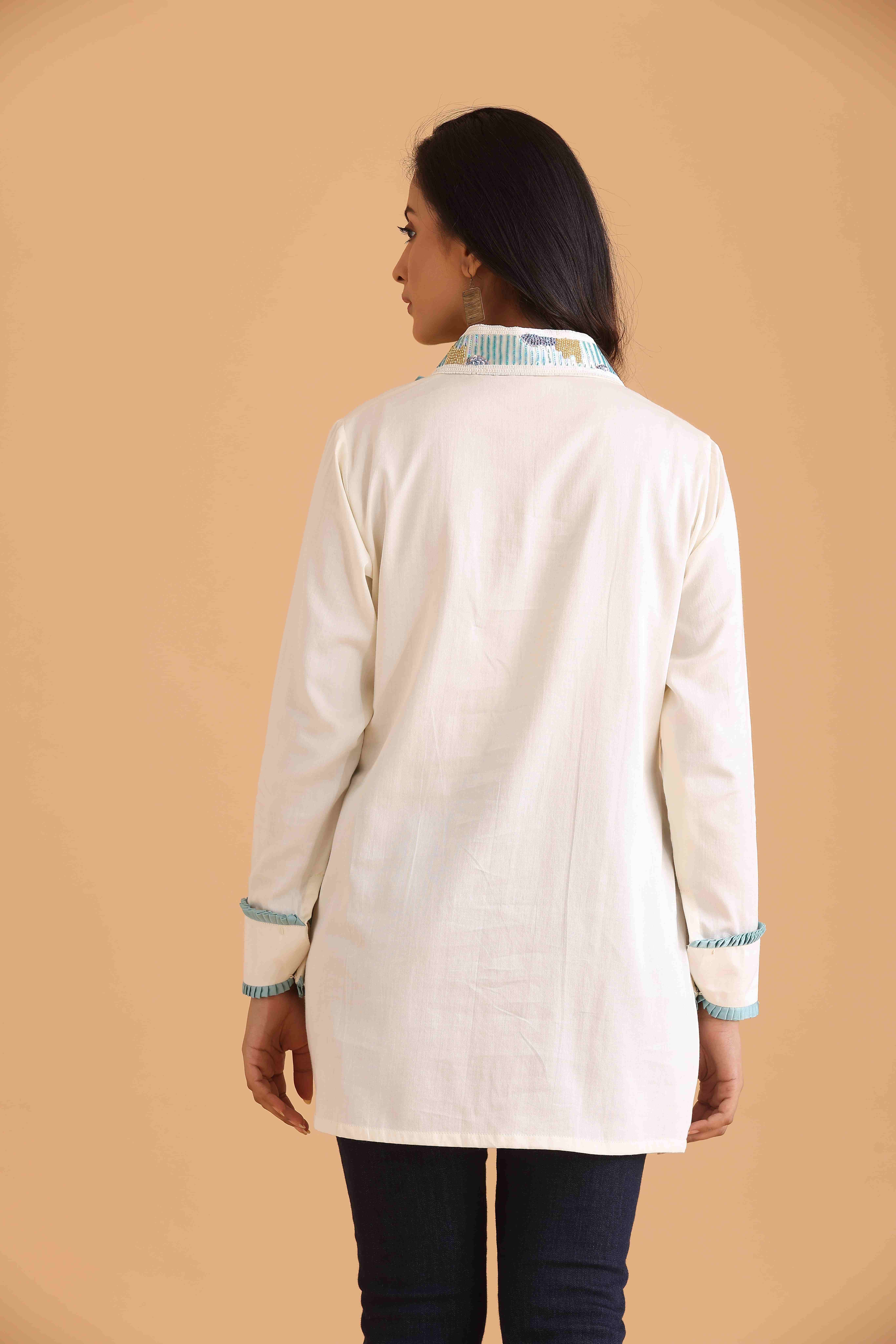 Ivory Full Sleeve shirt with Blue Pleated Detailing