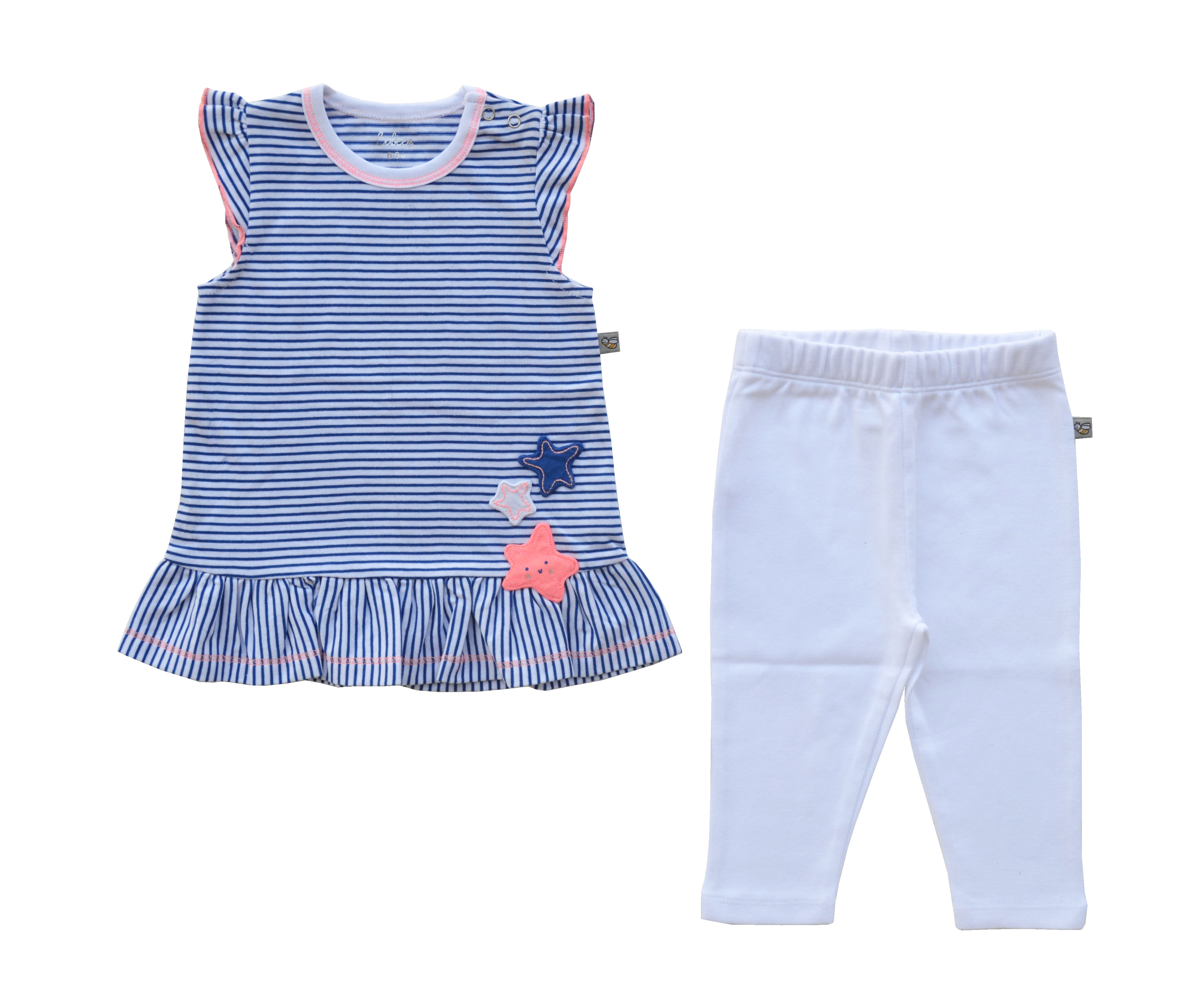 Babeez | Blue/White Striped Top With Applique Work + White Legging Set (100% Cotton Jersey) undefined