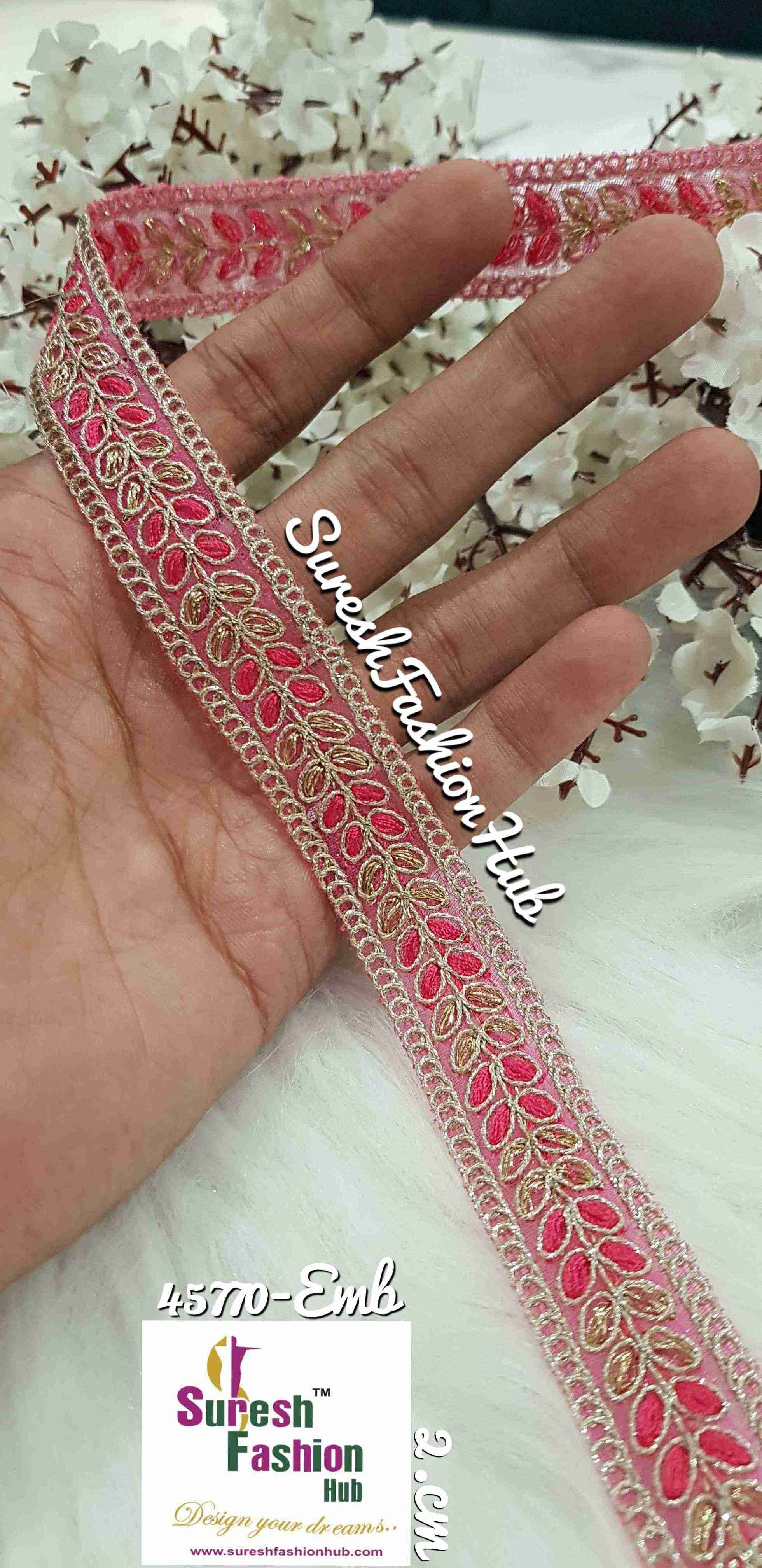 Salmon pink embroidered trim