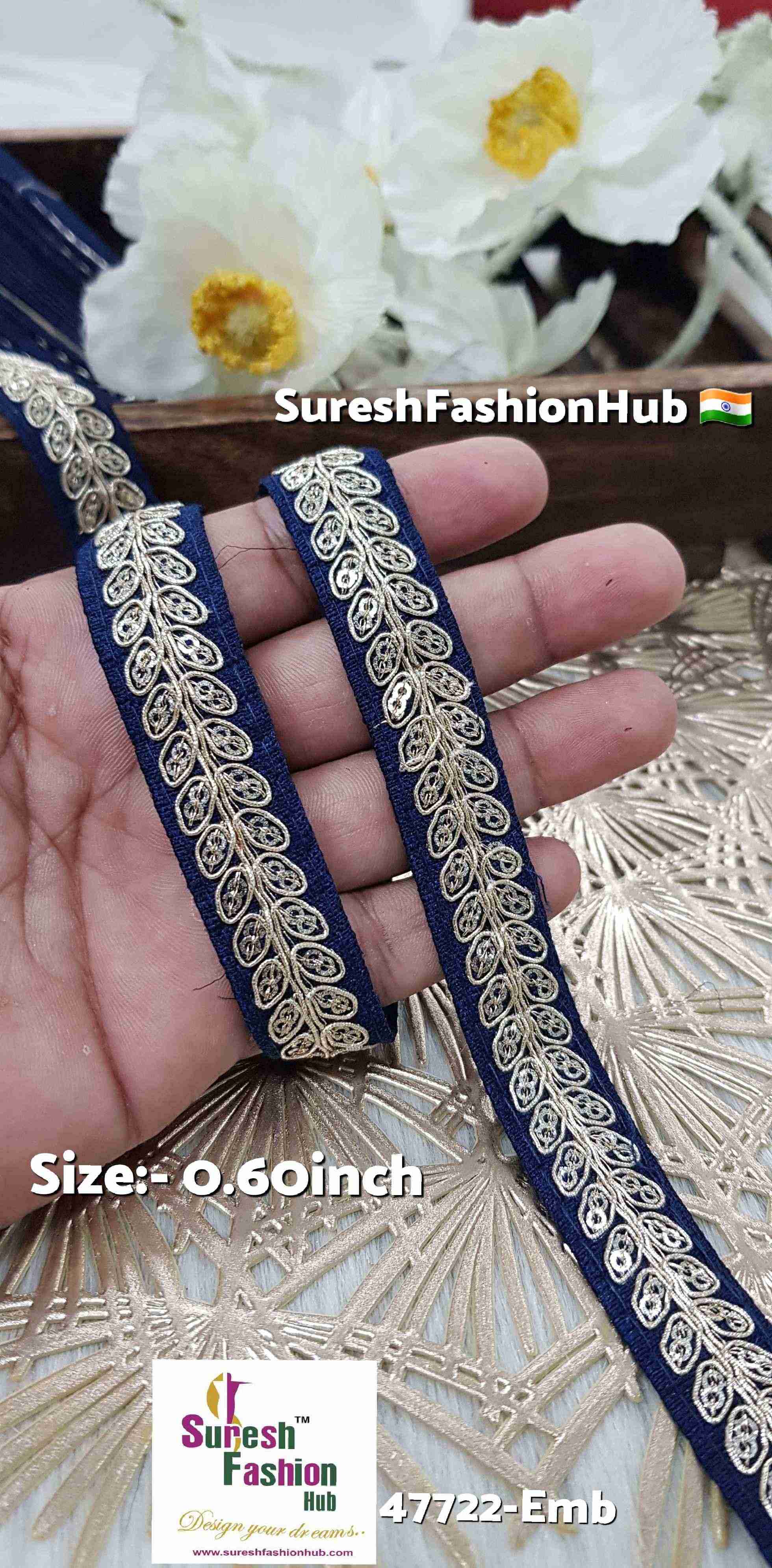 Navy Pearl Leaf Embroidered Border