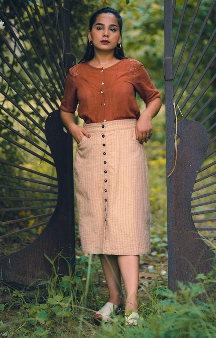 Lafaani | Women's Beige Cotton Striped Skirt 1
