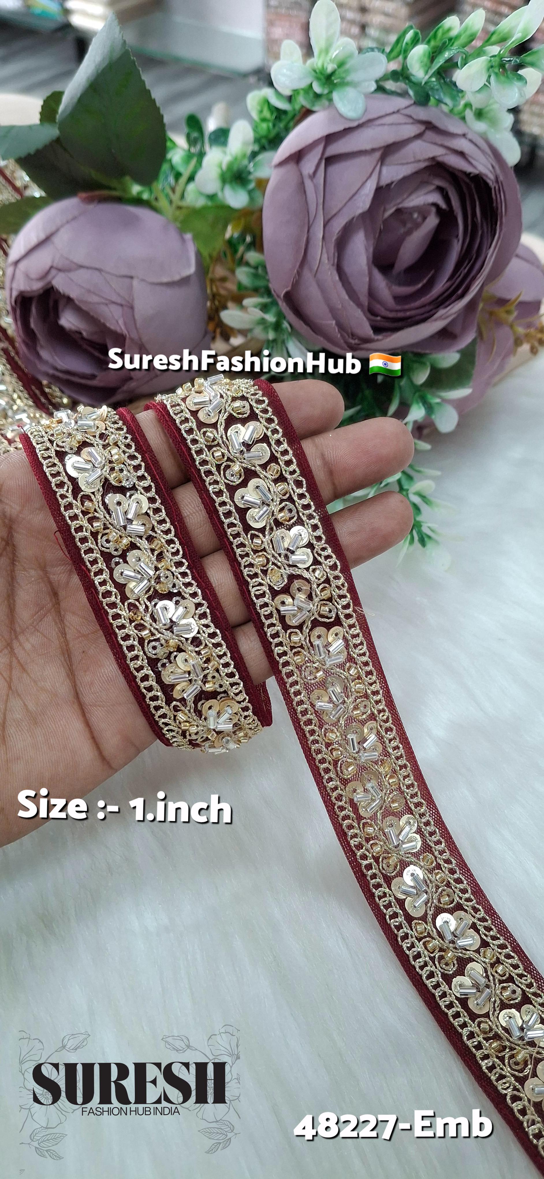 Maroon Pearl Embroidery Net Lace