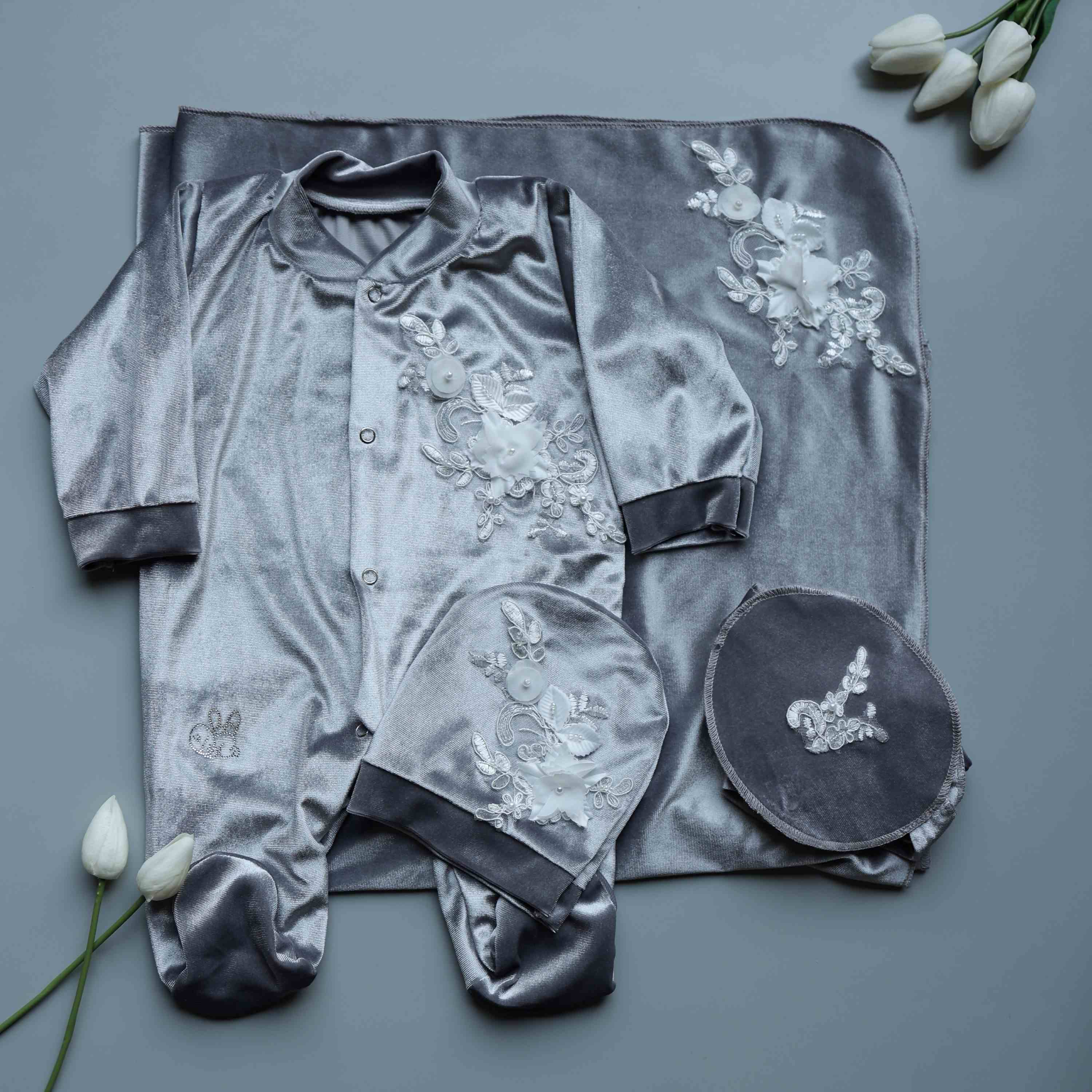 Silver Blossom Velvet Baby Set
