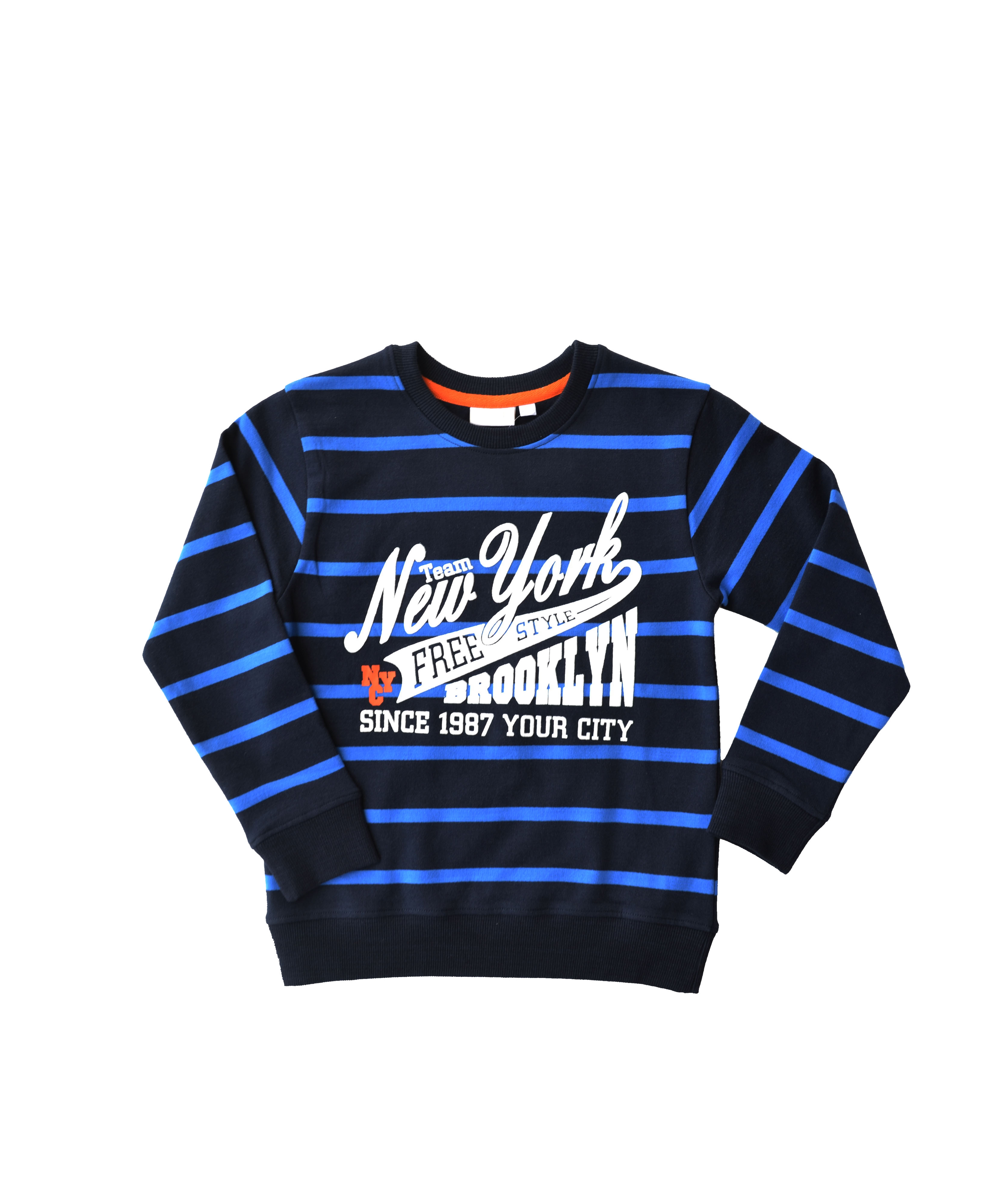 New York Brooklyn Print on Navy Stripes Long Sleeves Sweatshirt (French Terry)