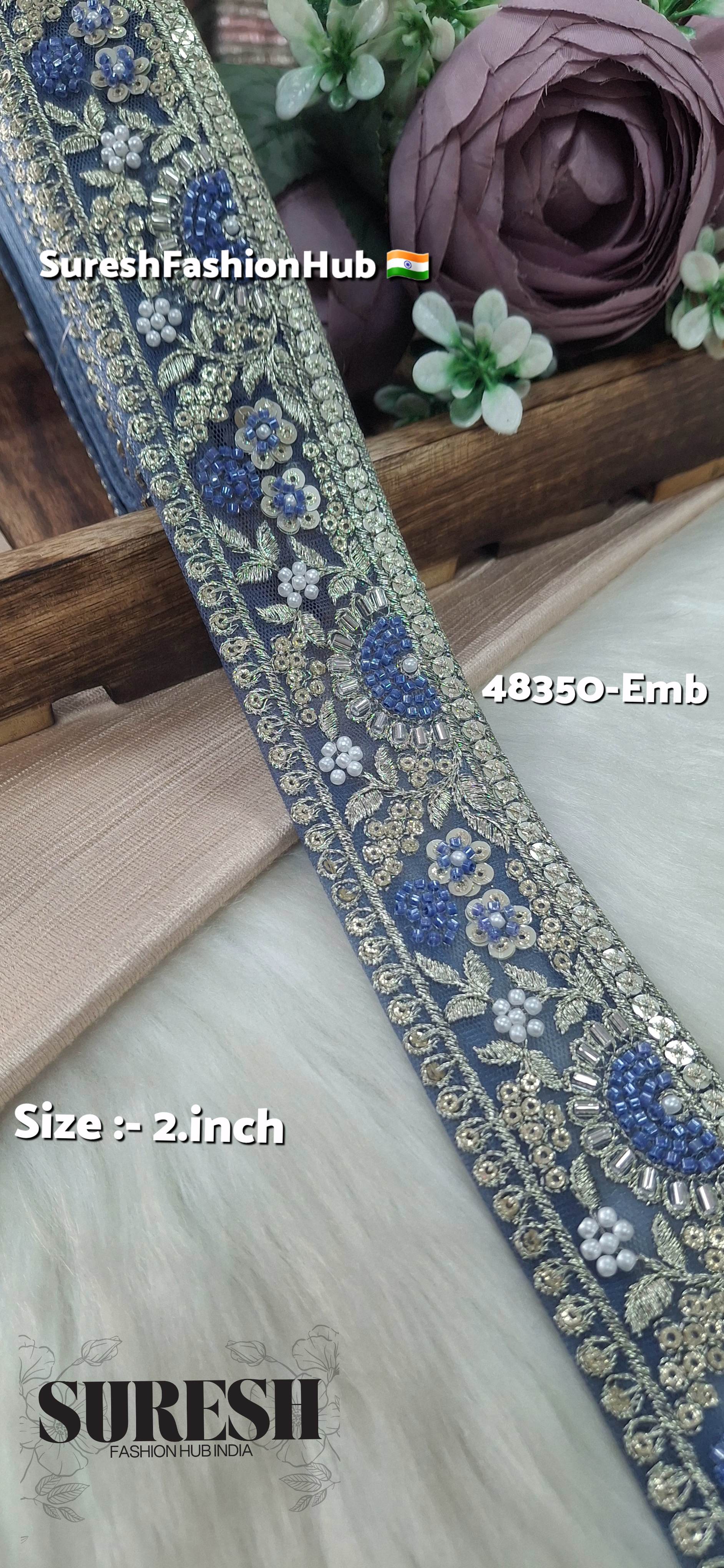 Blue PearlGlow Floral Net Embroidered Lace
