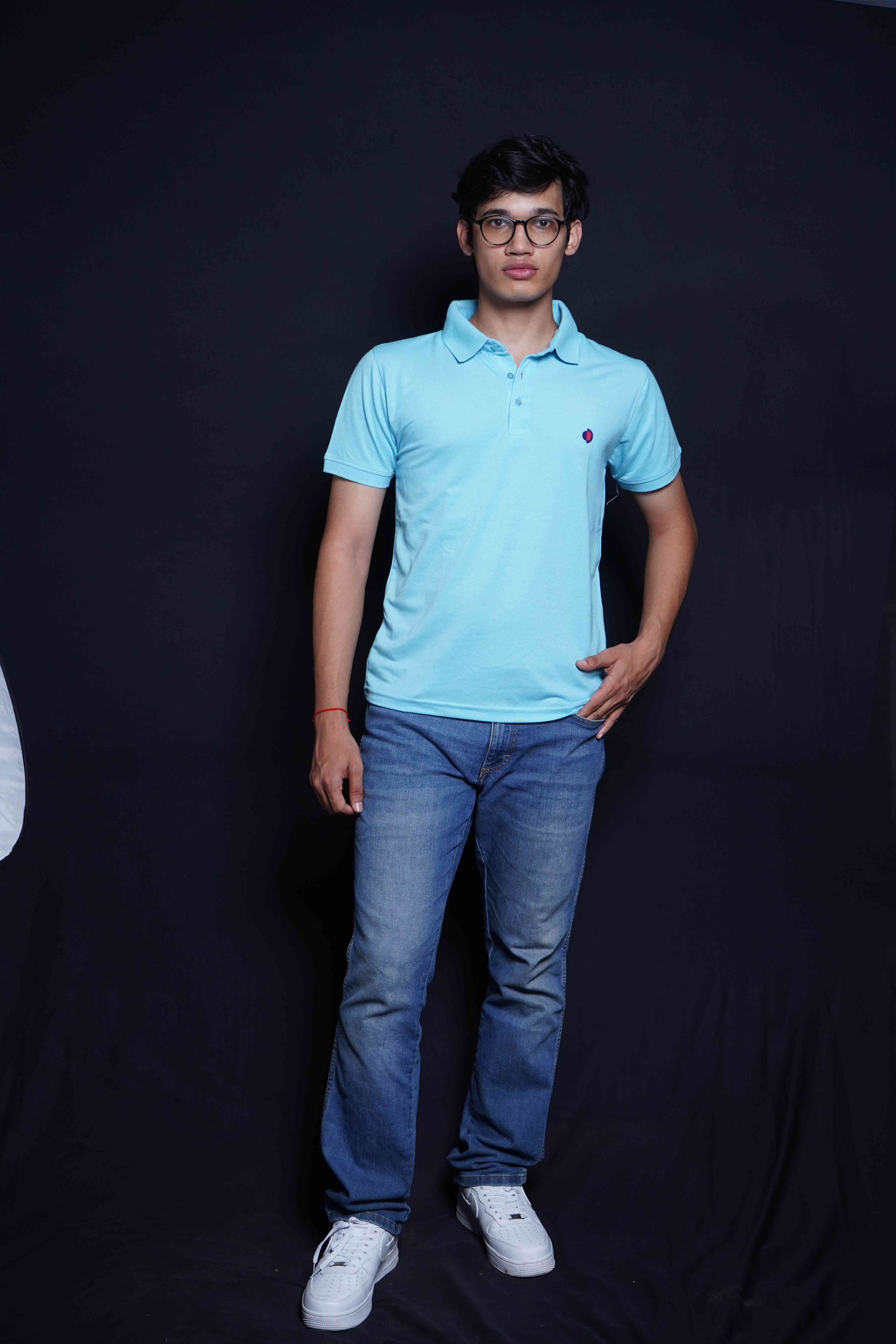 One Denim Evergreen Light Blue Plain Polo Neck Cotton T-Shirt