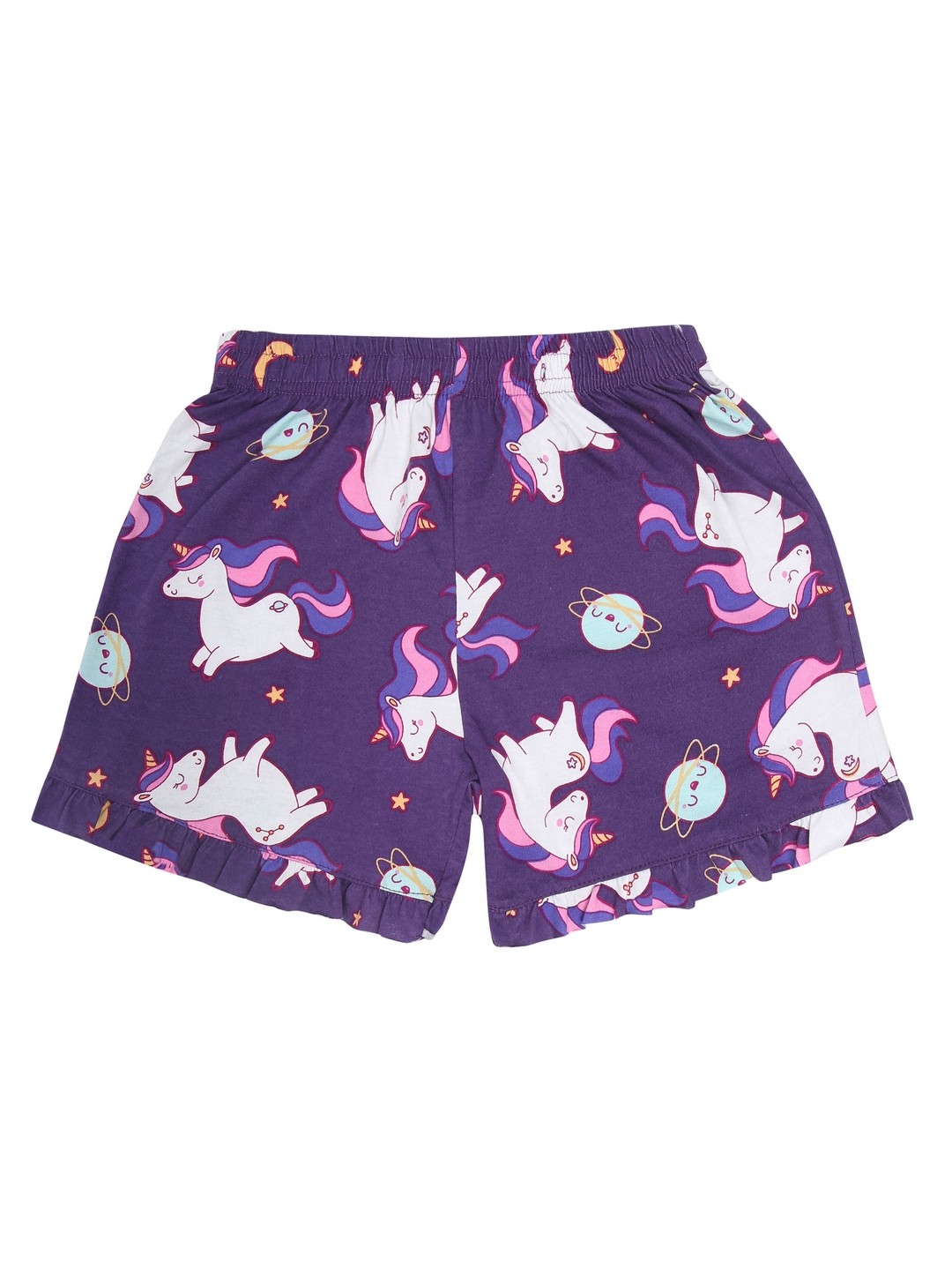 Ninos Dreams Lapel Girls Night Suit with Shorts Unicorn Printed Half Sleeves-Purple
