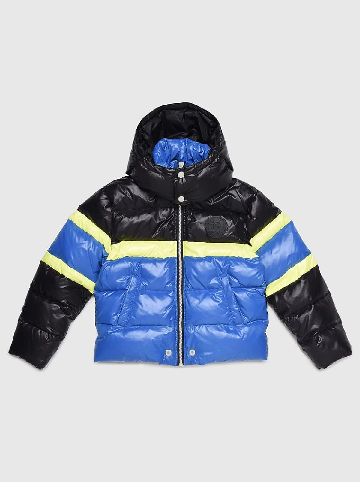 Multicolor Hooded puffer jacket in colour-block