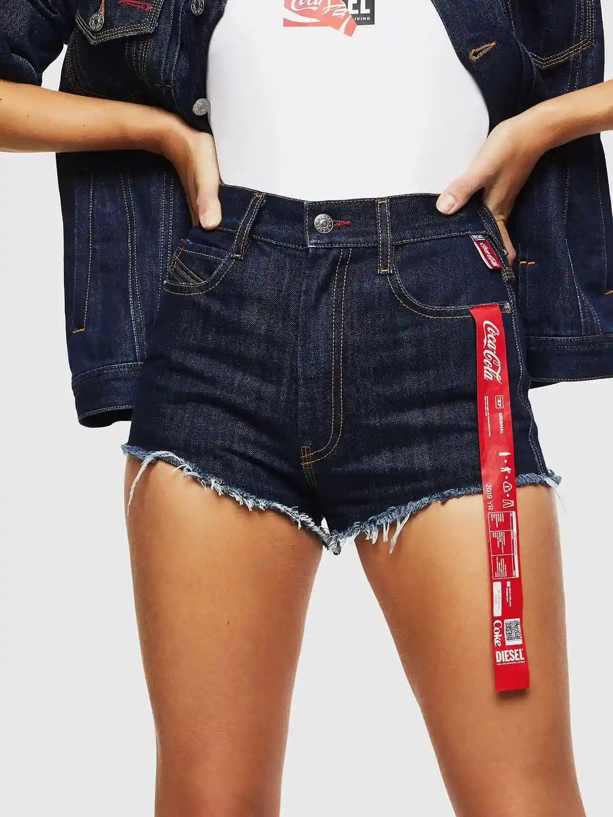 Blue Recycled denim shorts with print and ribbon details