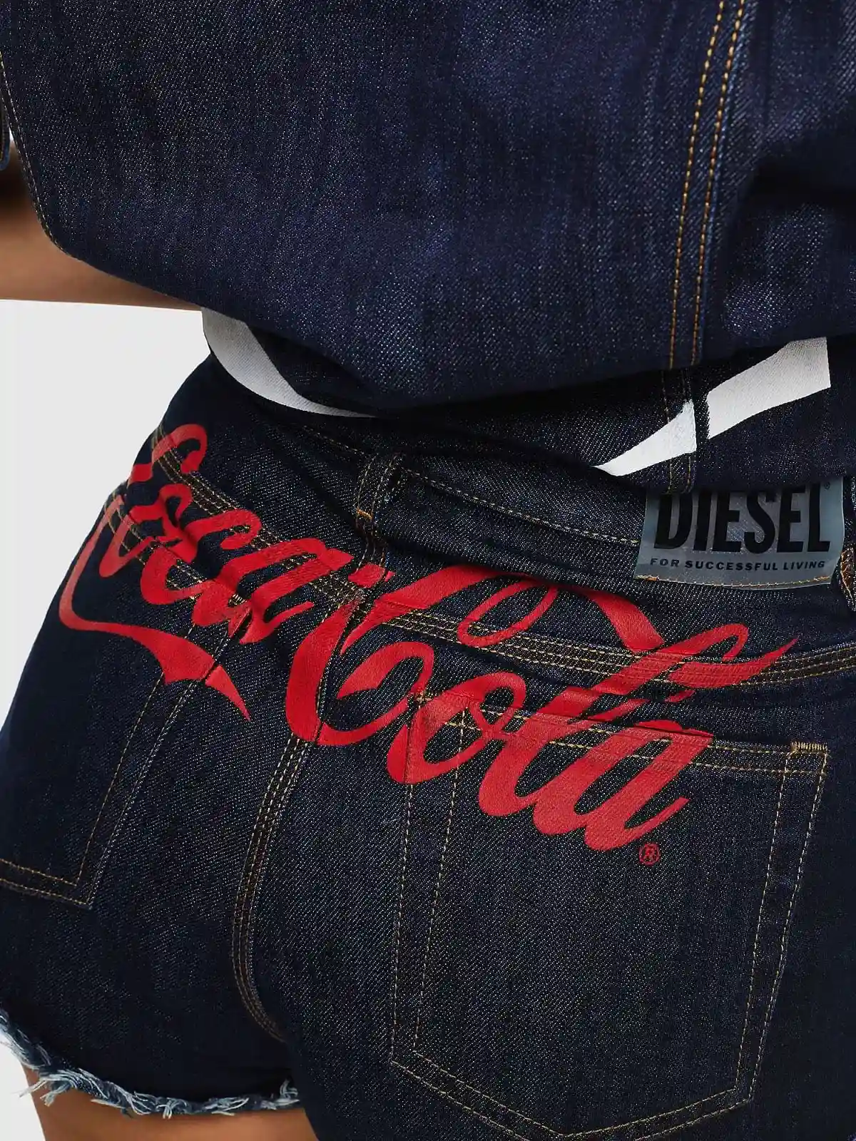 Blue Recycled denim shorts with print and ribbon details