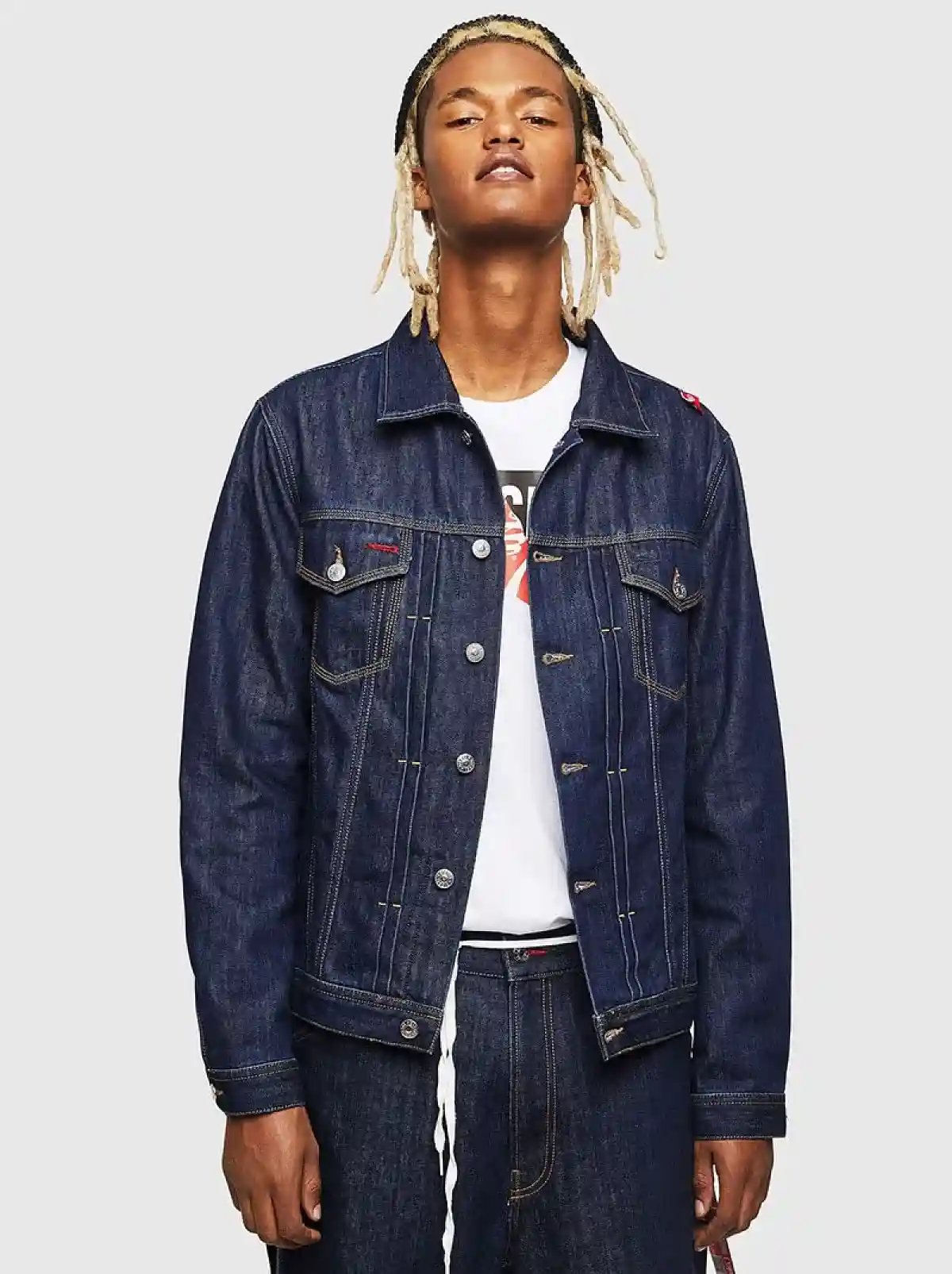 Blue Recycled denim workwear jacket with print details ribbon