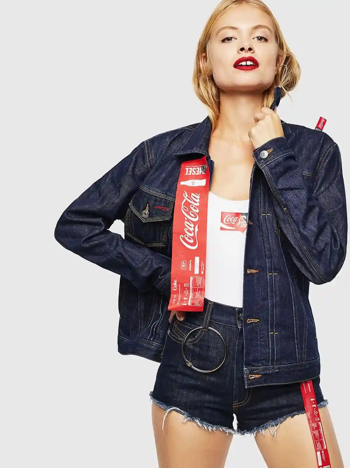 Blue Recycled denim workwear jacket with print details ribbon