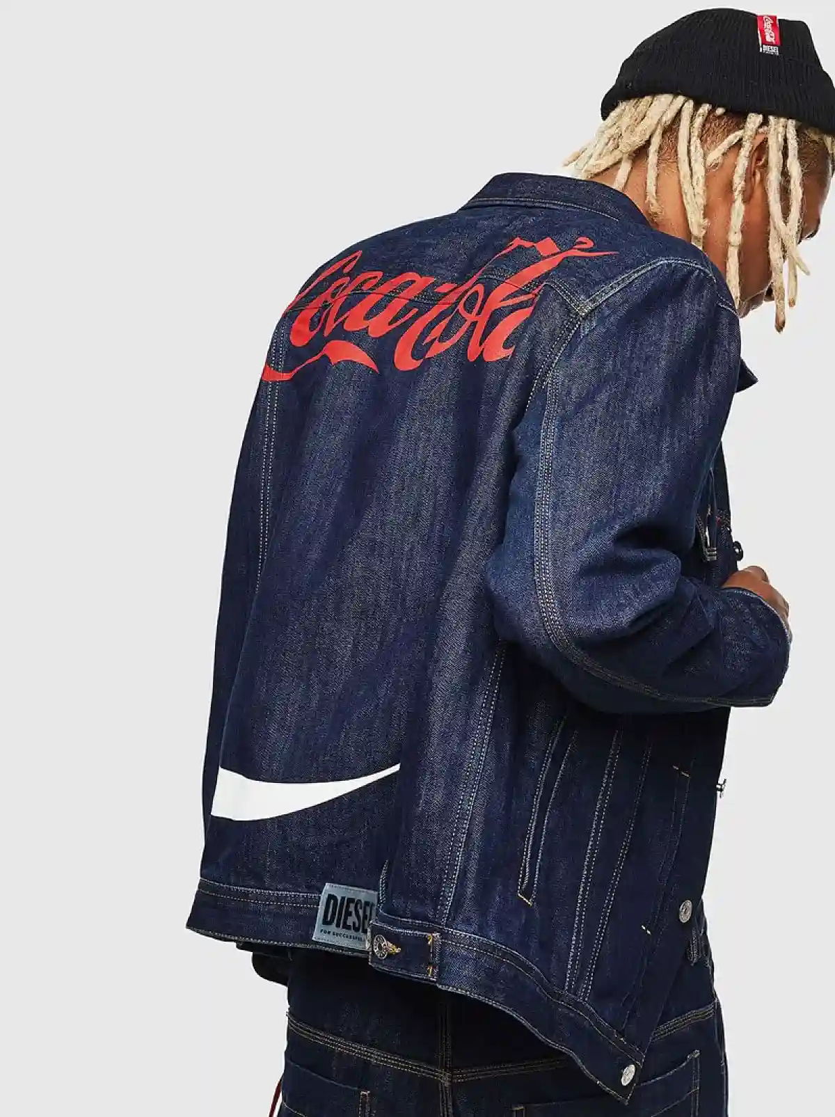 Blue Recycled denim workwear jacket with print details ribbon
