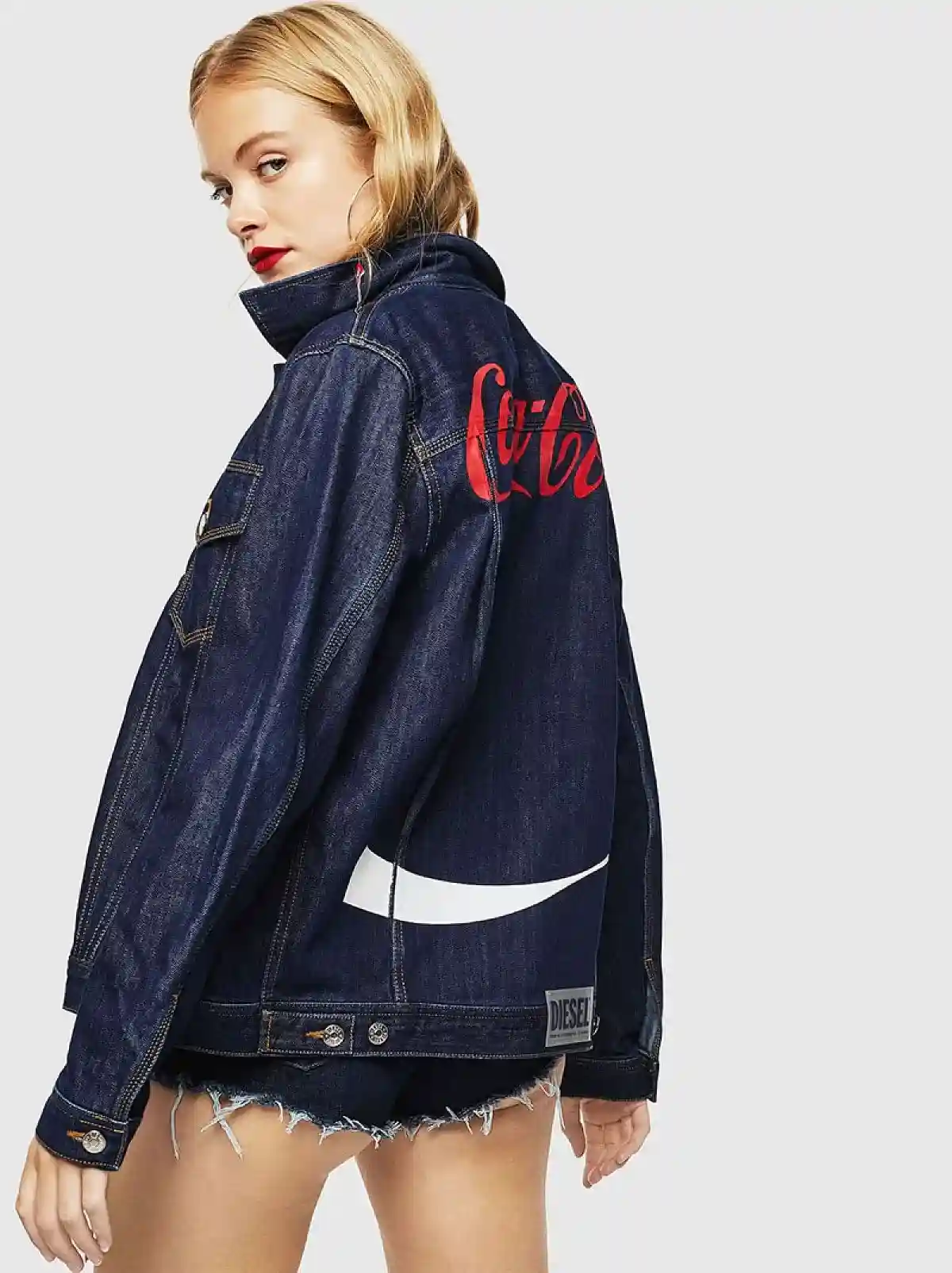 Blue Recycled denim workwear jacket with print details ribbon