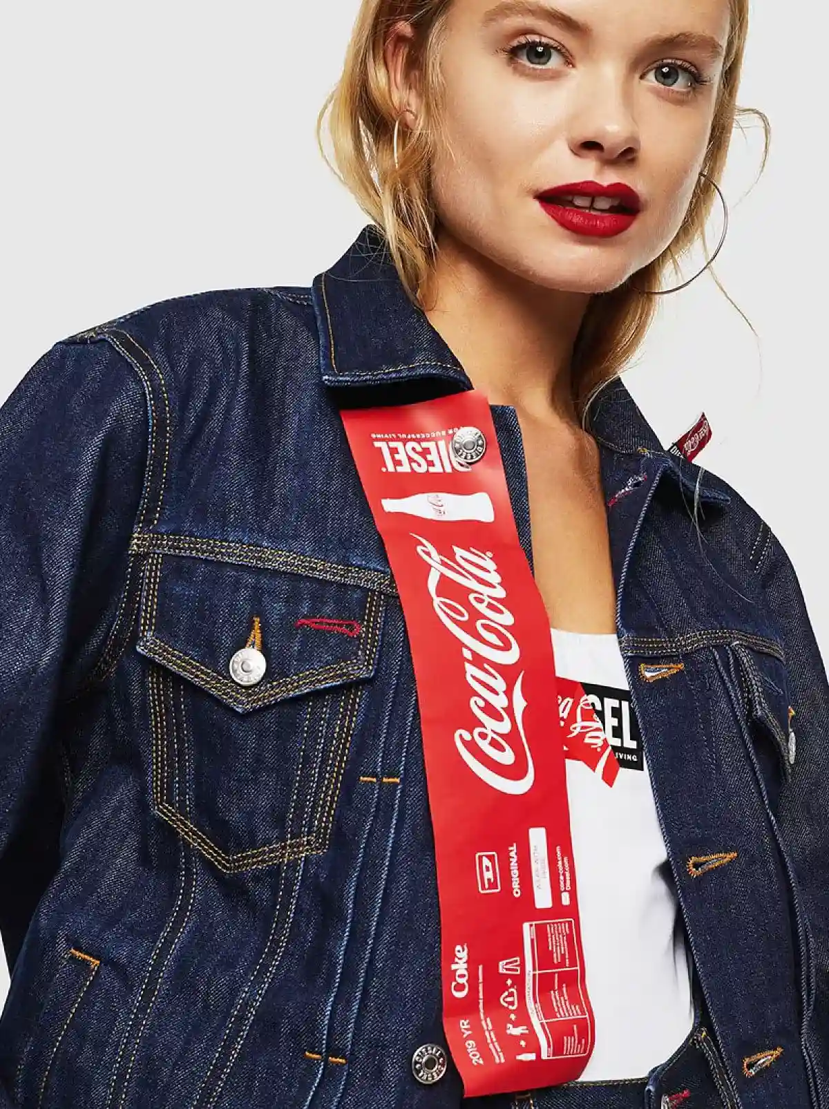 Blue Recycled denim workwear jacket with print details ribbon