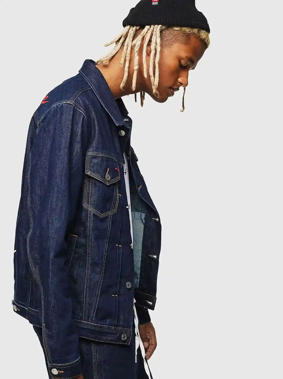Blue Recycled denim workwear jacket with print details ribbon