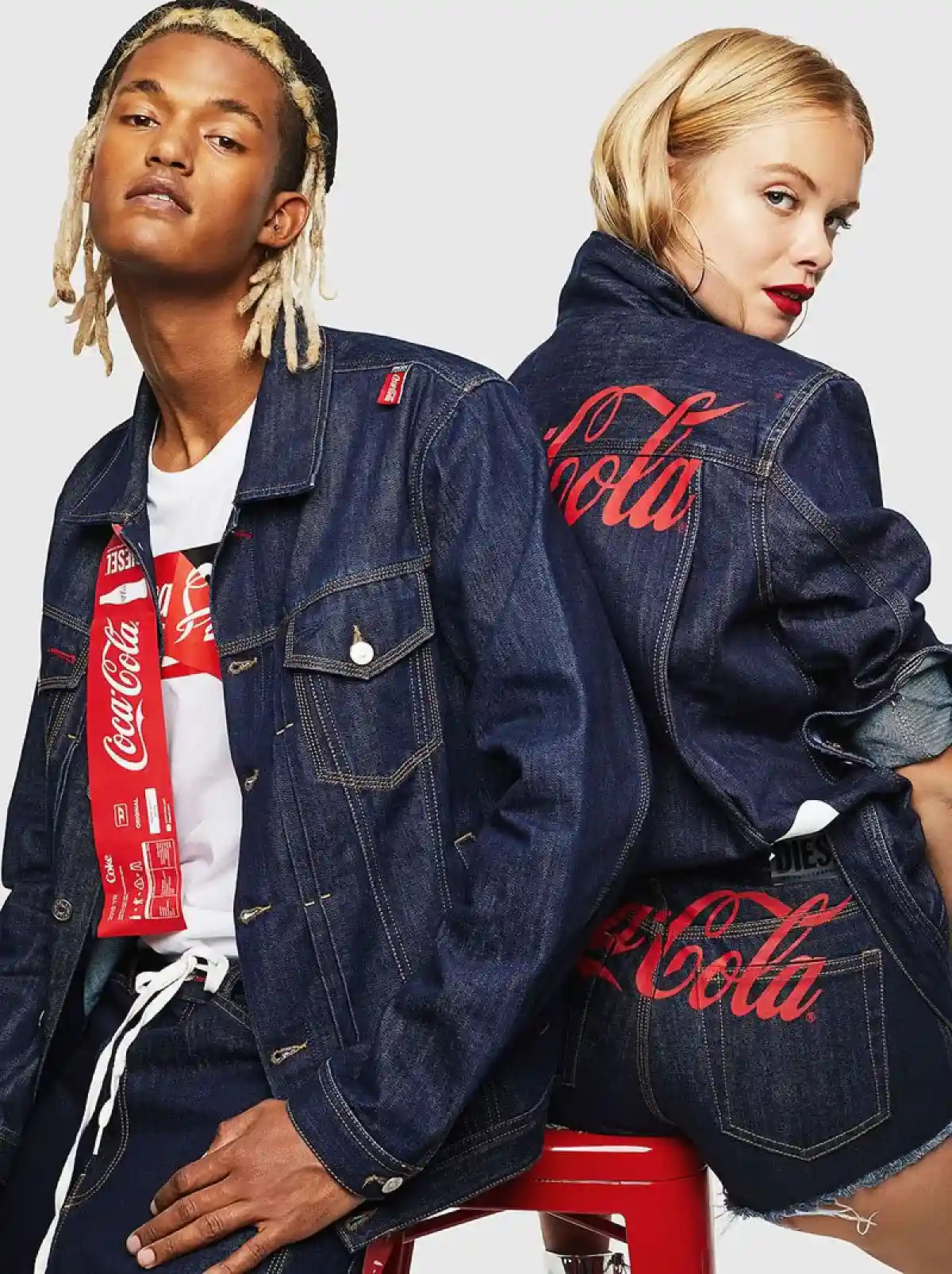 Blue Recycled denim workwear jacket with print details ribbon