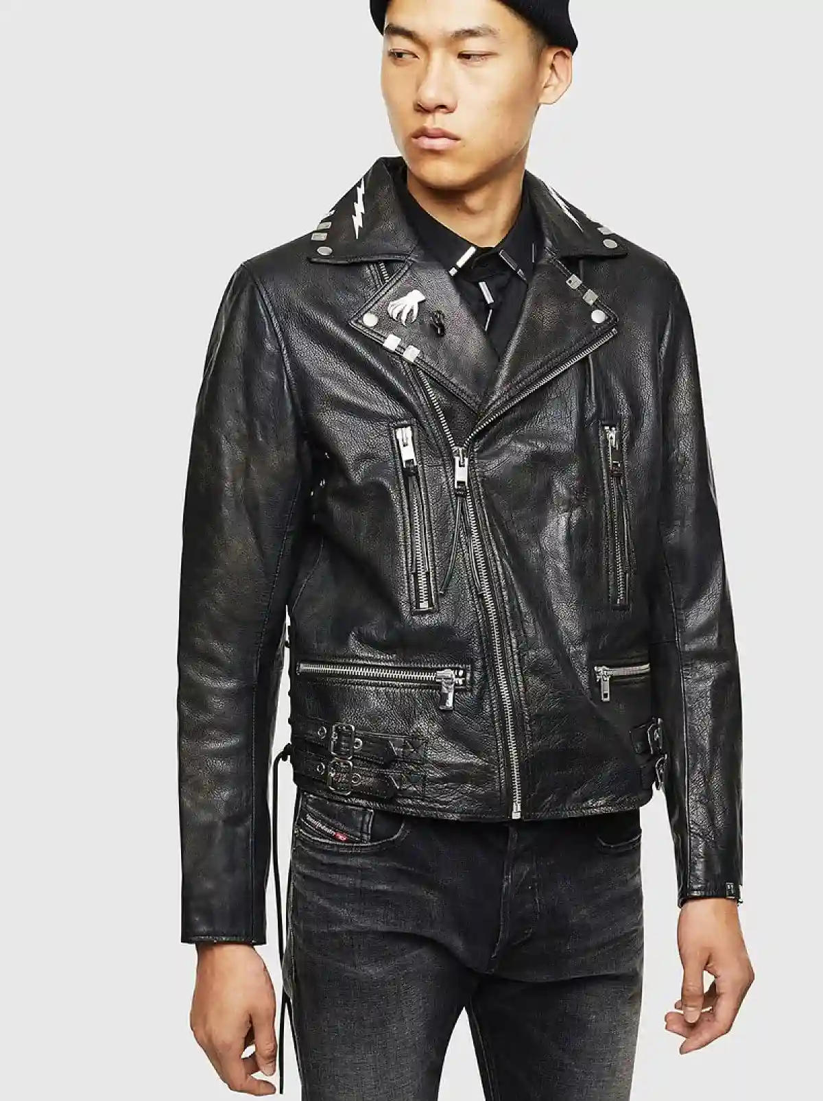 Black Treated biker jacket with print