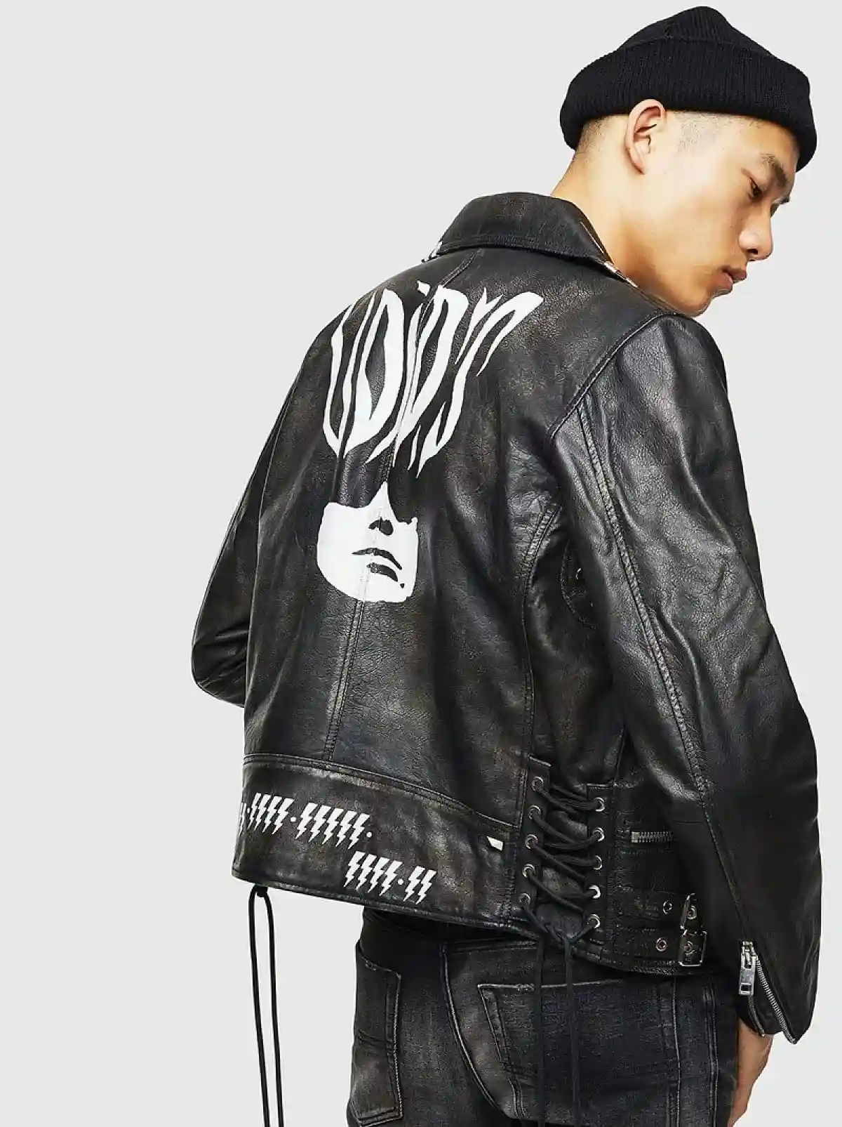 Black Treated biker jacket with print