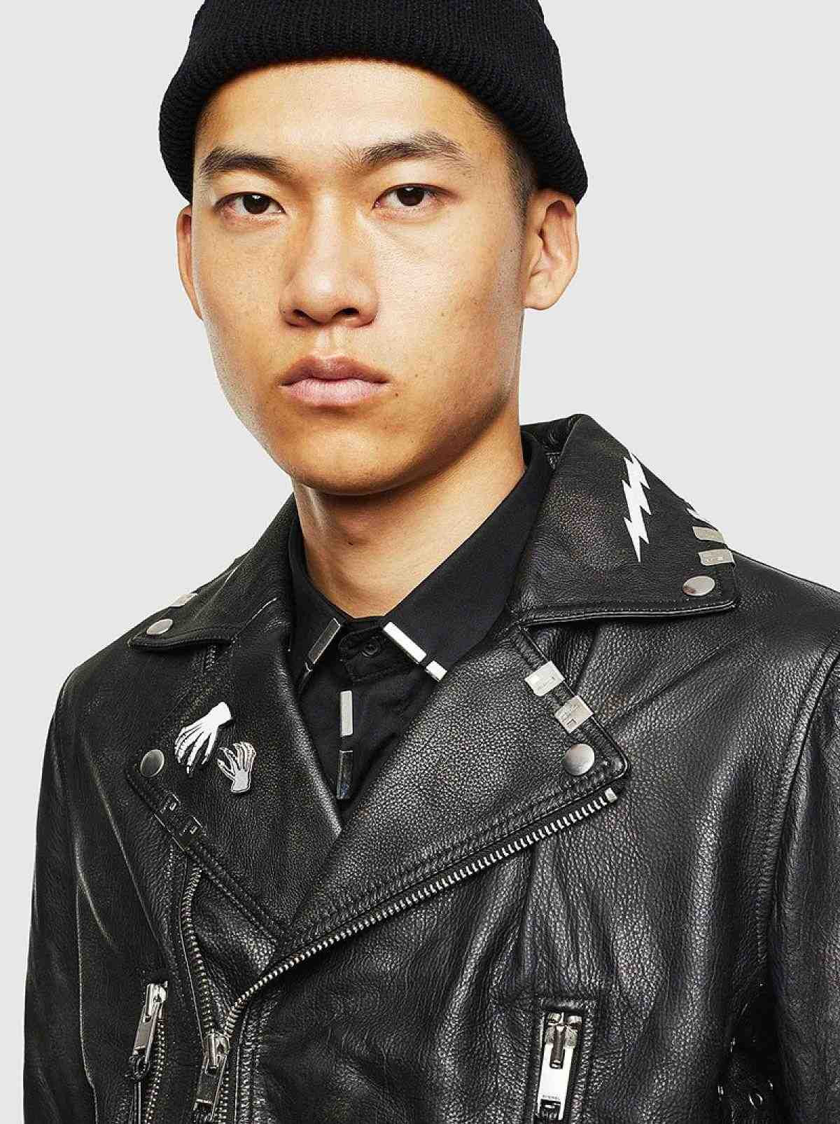 Black Treated biker jacket with print