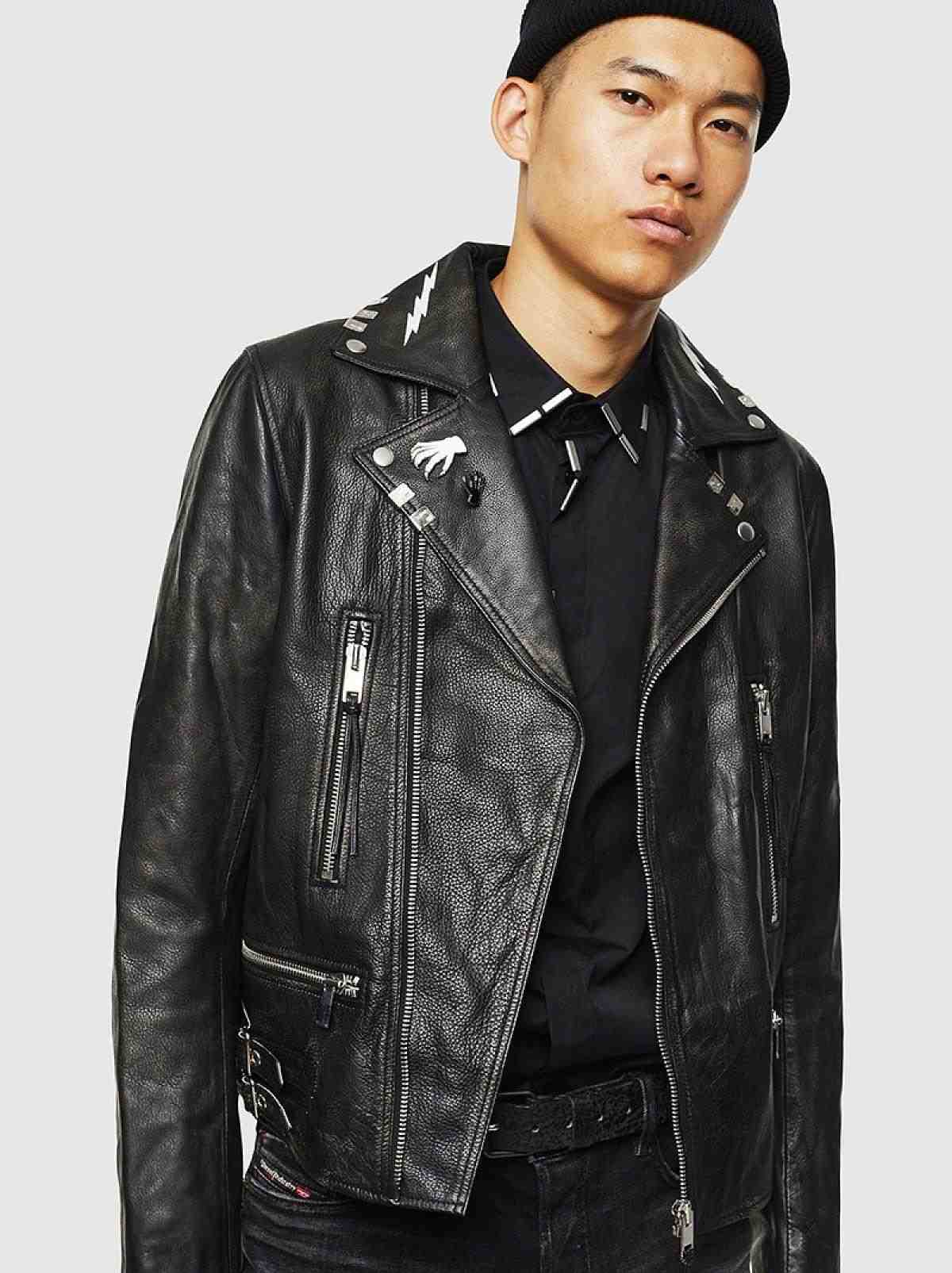 Black Treated biker jacket with print