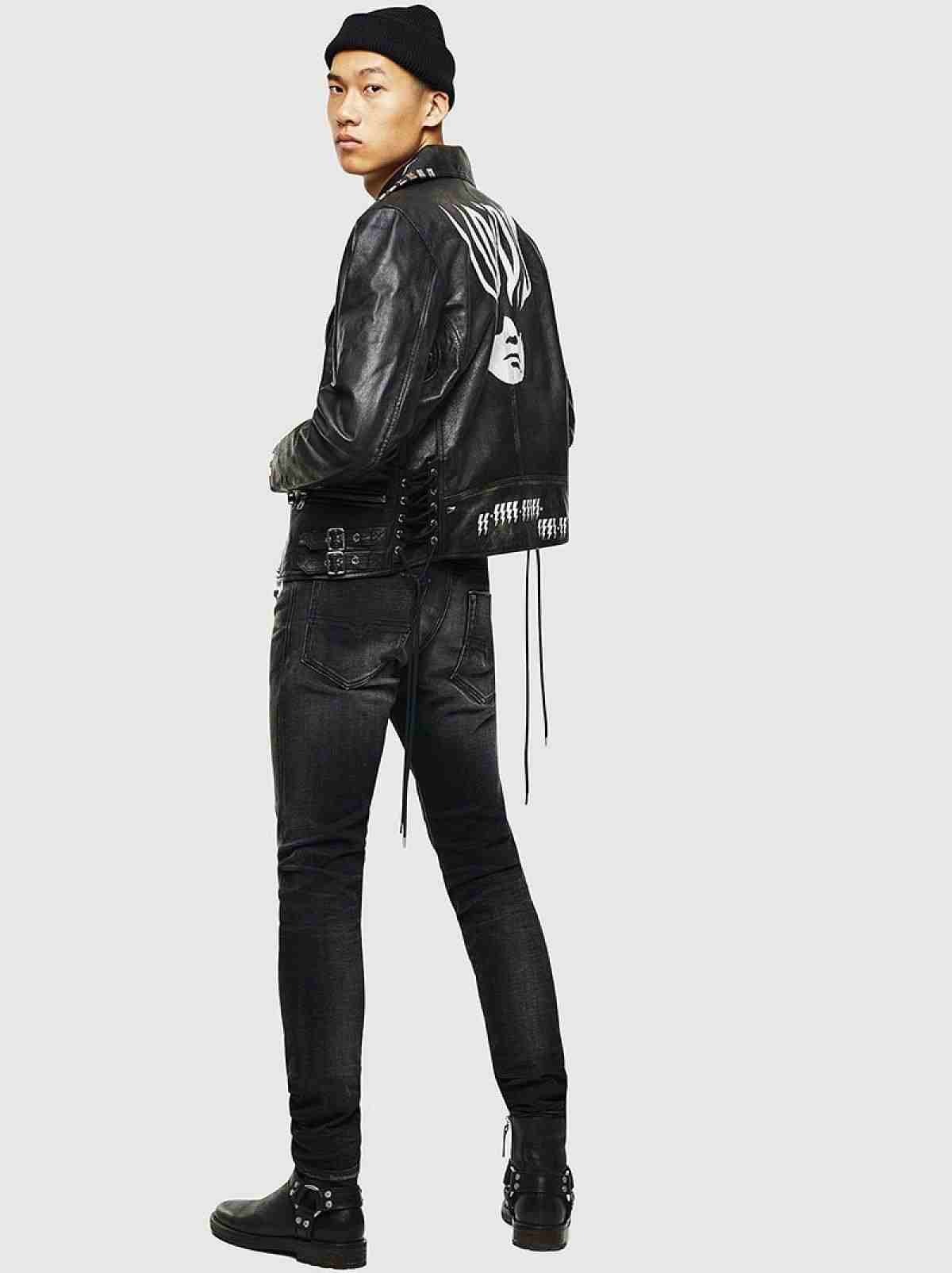 Black Treated biker jacket with print
