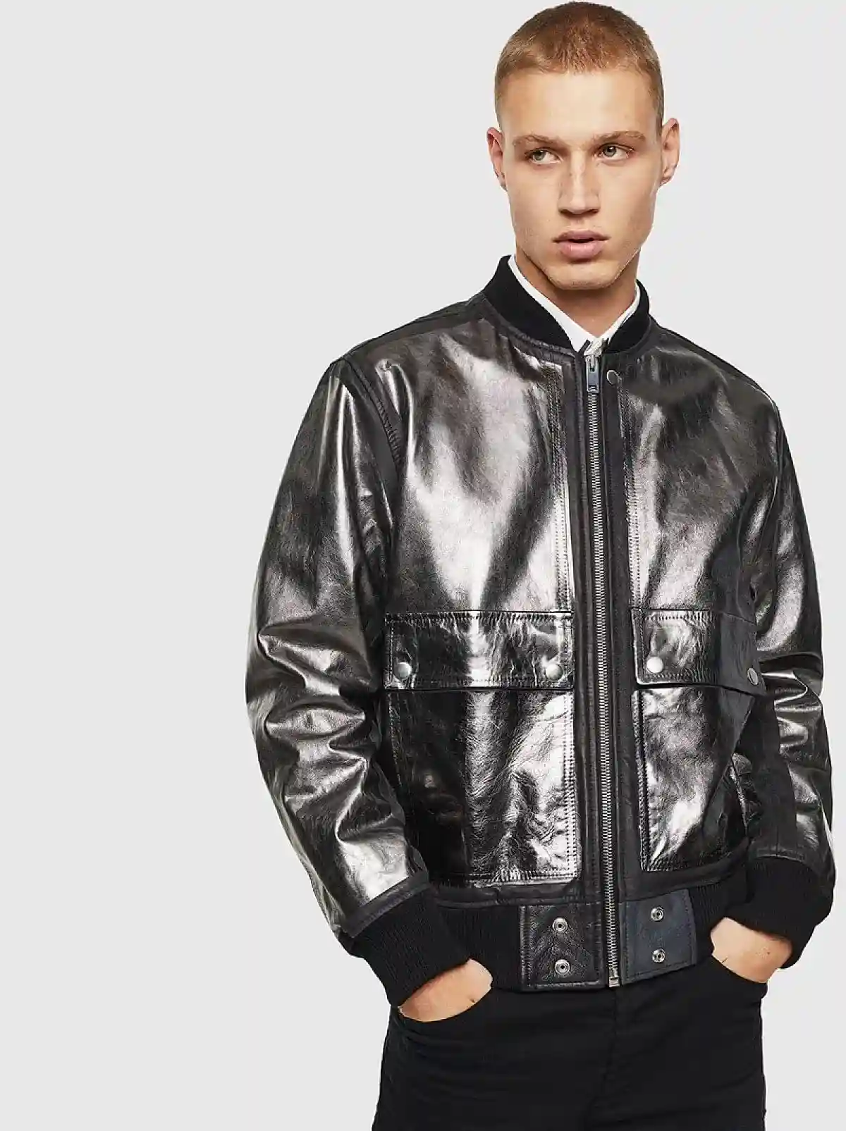 Black Bomber jacket in metallic leather