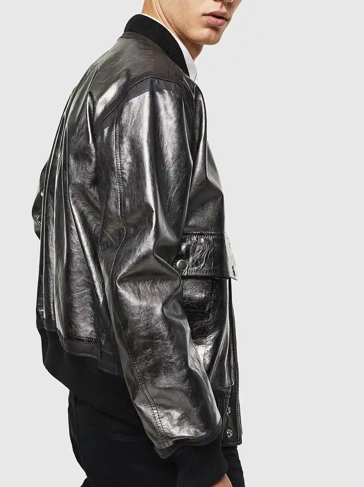 Black Bomber jacket in metallic leather