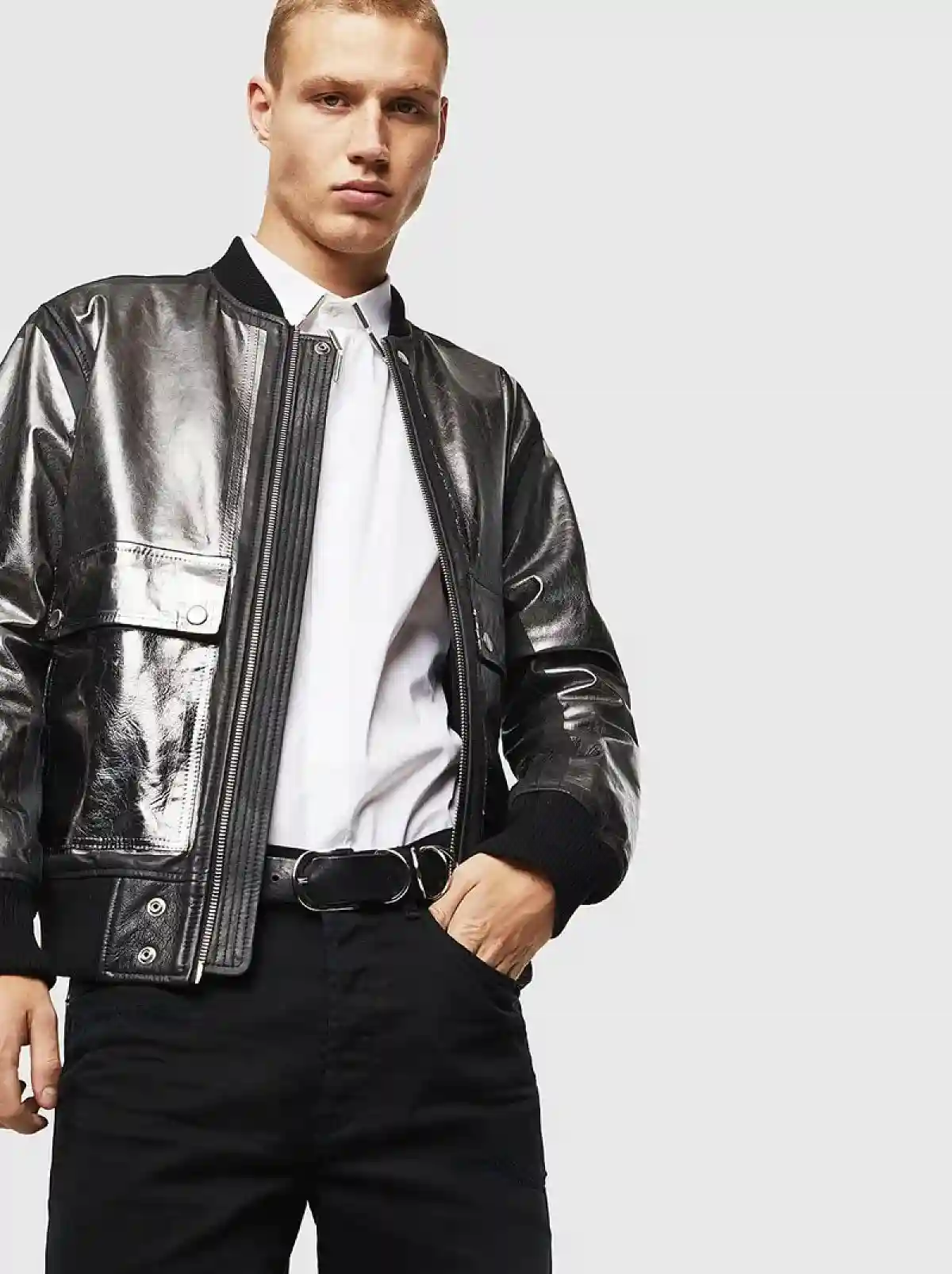 Black Bomber jacket in metallic leather