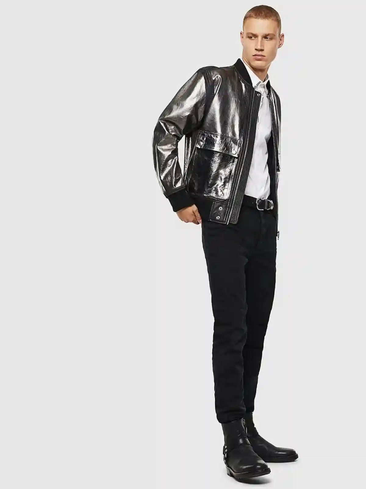 Black Bomber jacket in metallic leather