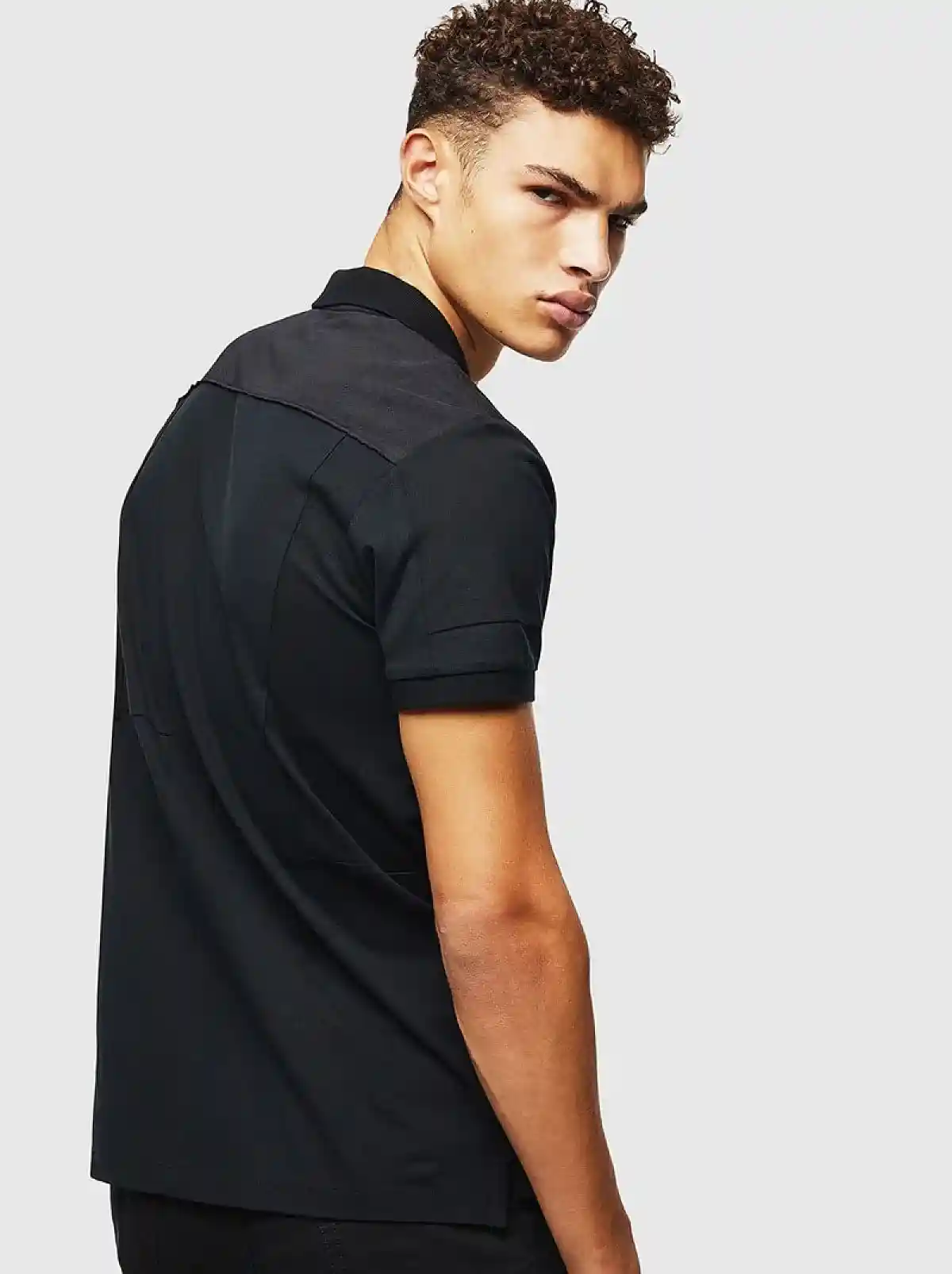 Black Polo shirt in tonal patchwork