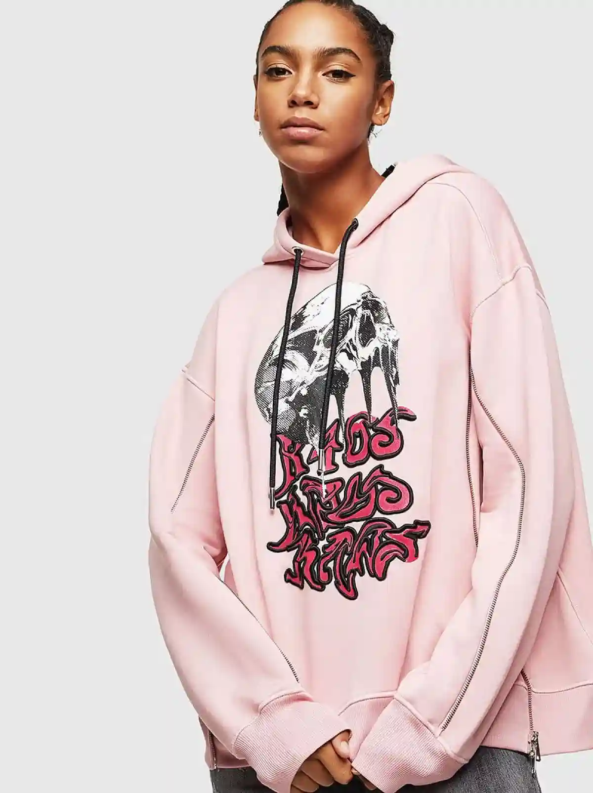 Pink Zip-detail hoodie with skull print