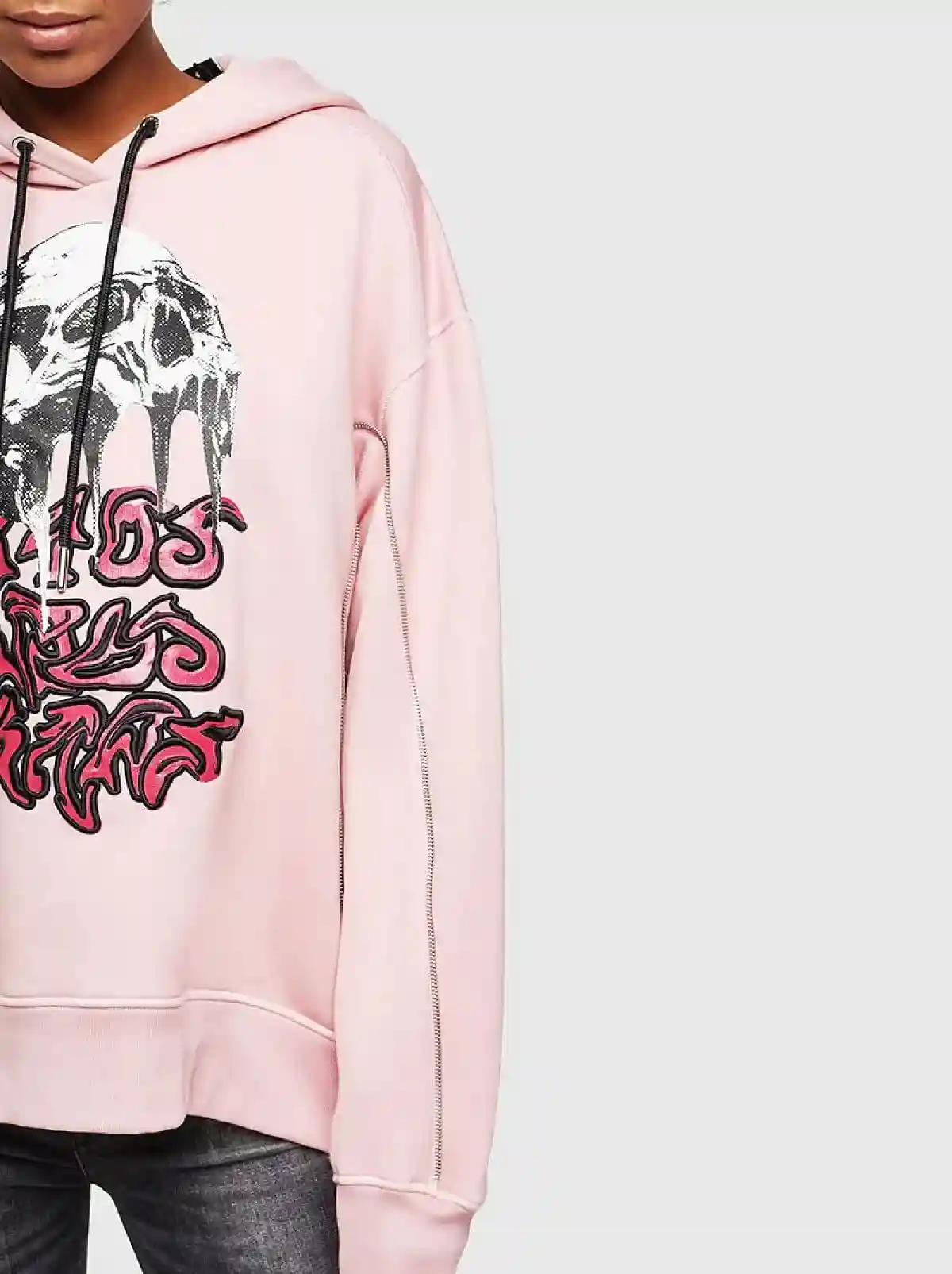 Pink Zip-detail hoodie with skull print