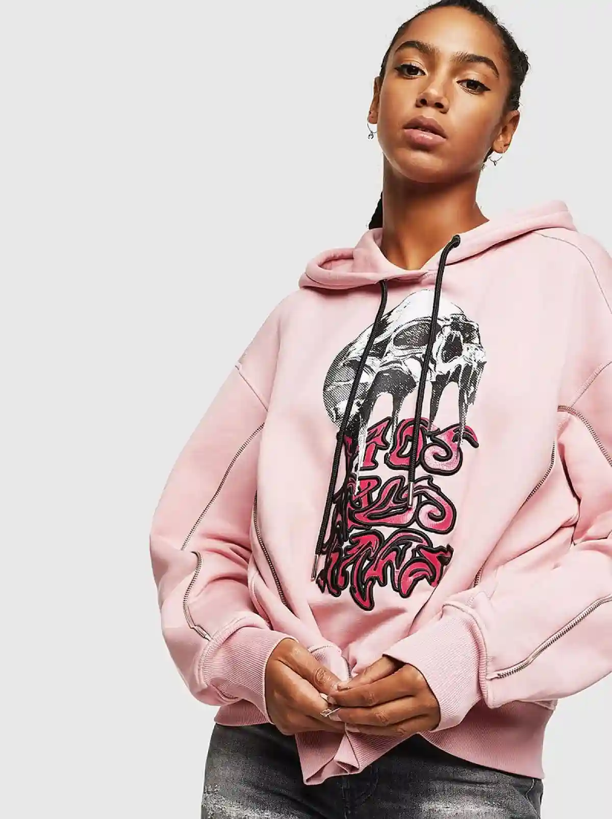 Pink Zip-detail hoodie with skull print