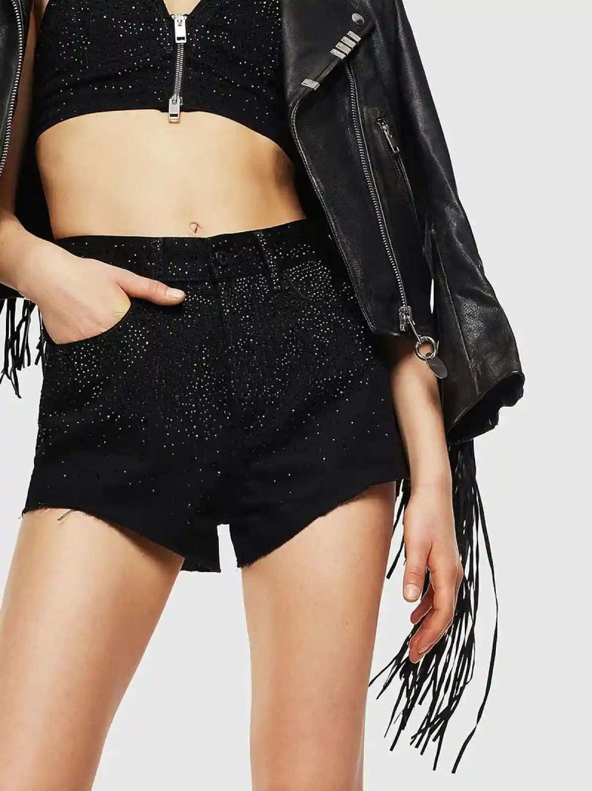 Black Denim shorts with Swarovski crystals