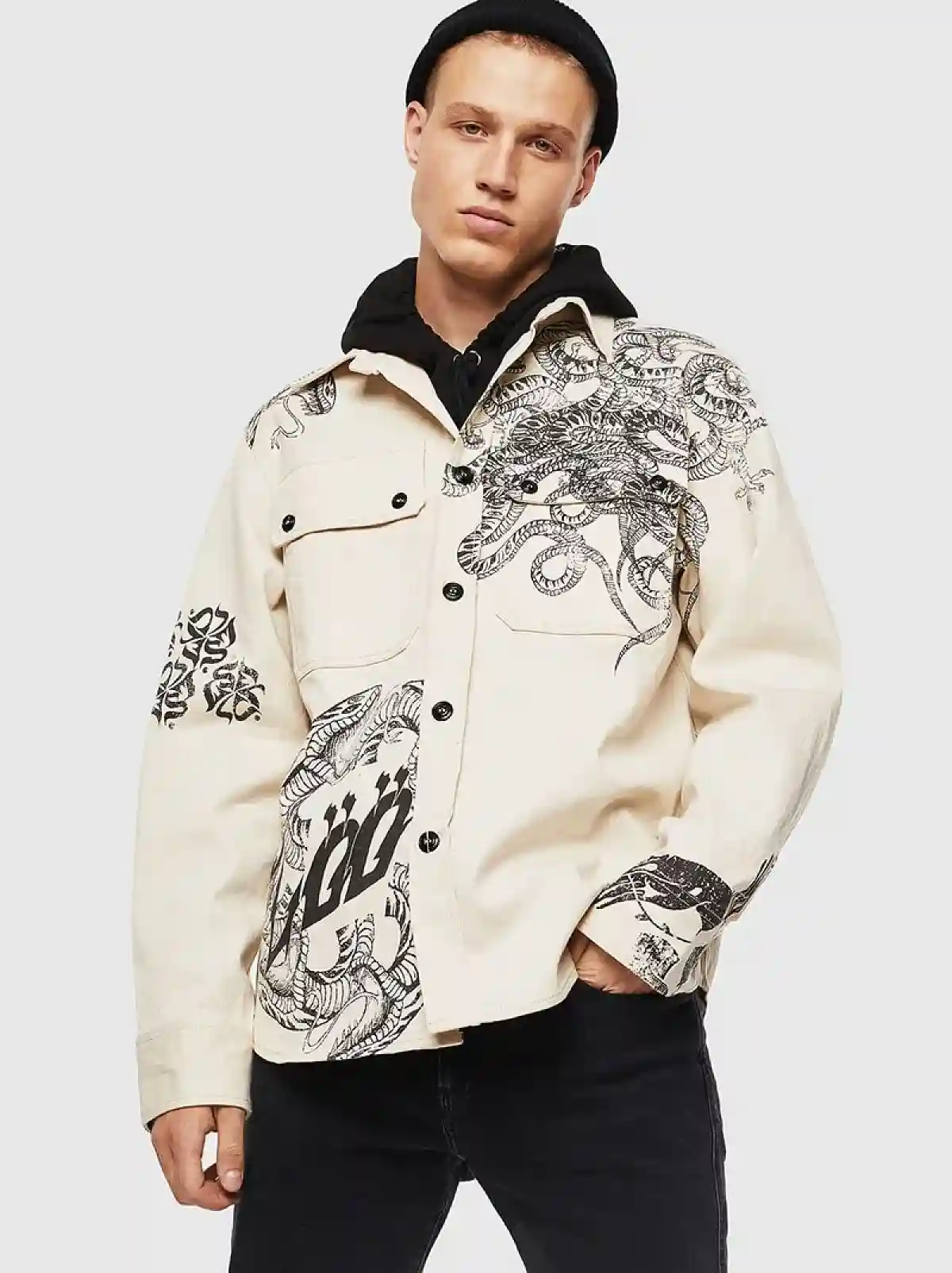 White Denim overshirt with sketch prints