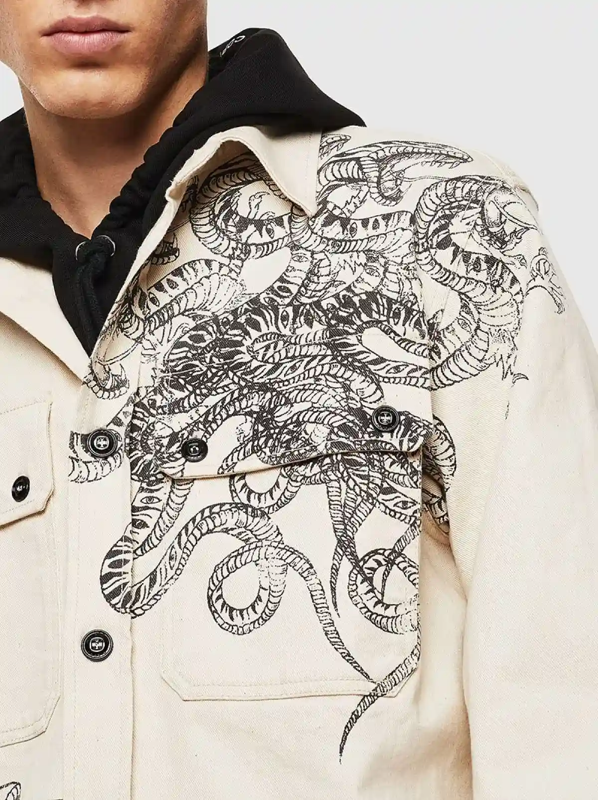 White Denim overshirt with sketch prints