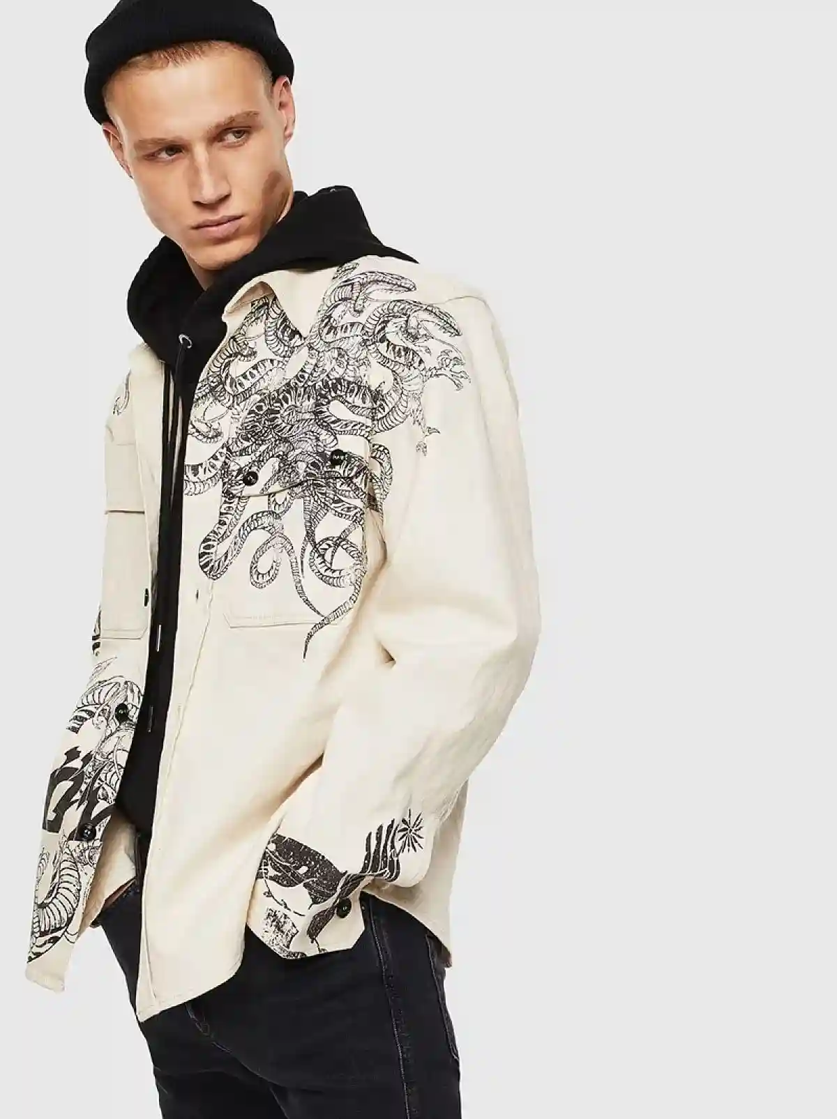 White Denim overshirt with sketch prints