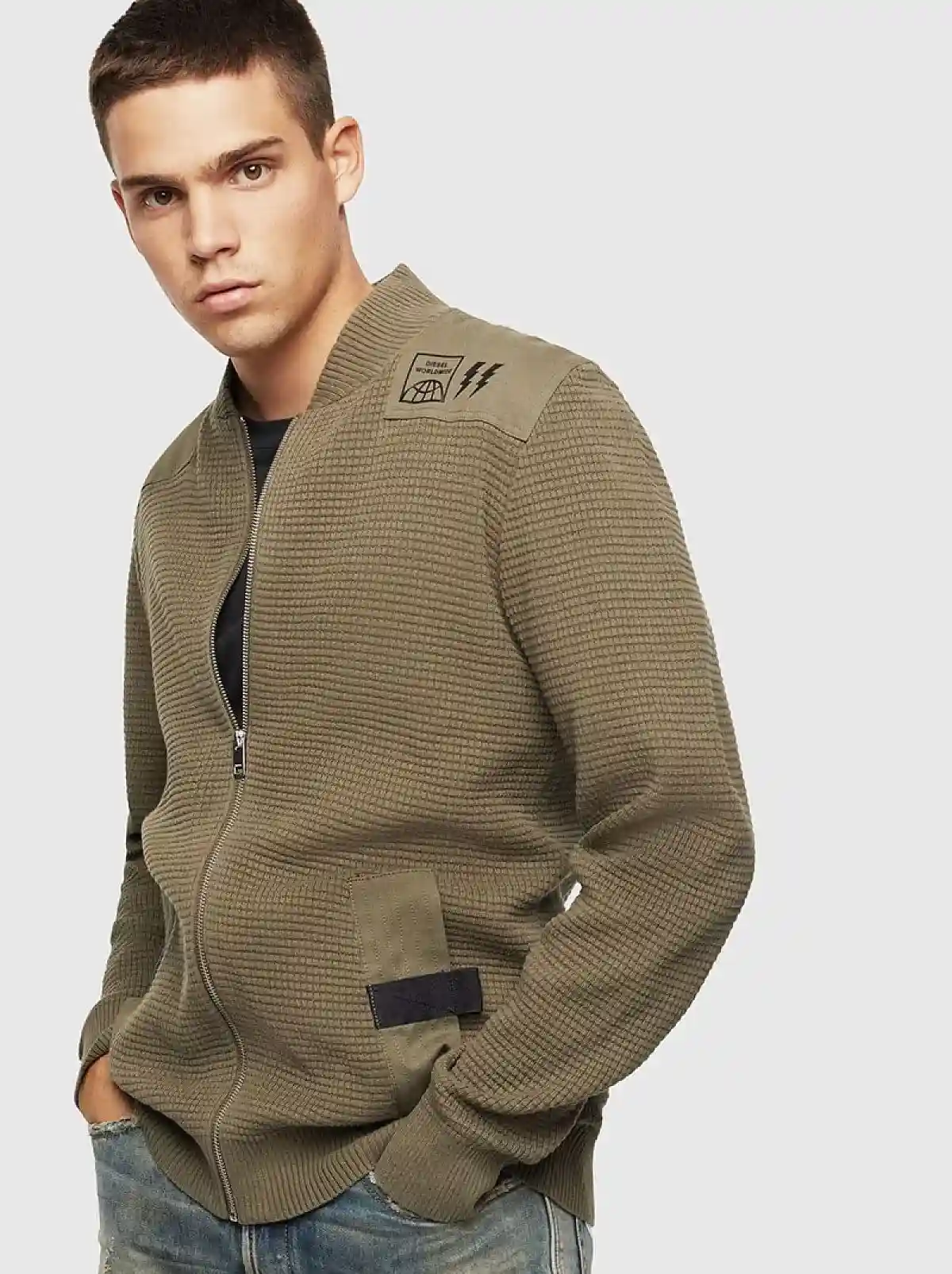 Green Waffle-knit cardigan with tonal patches
