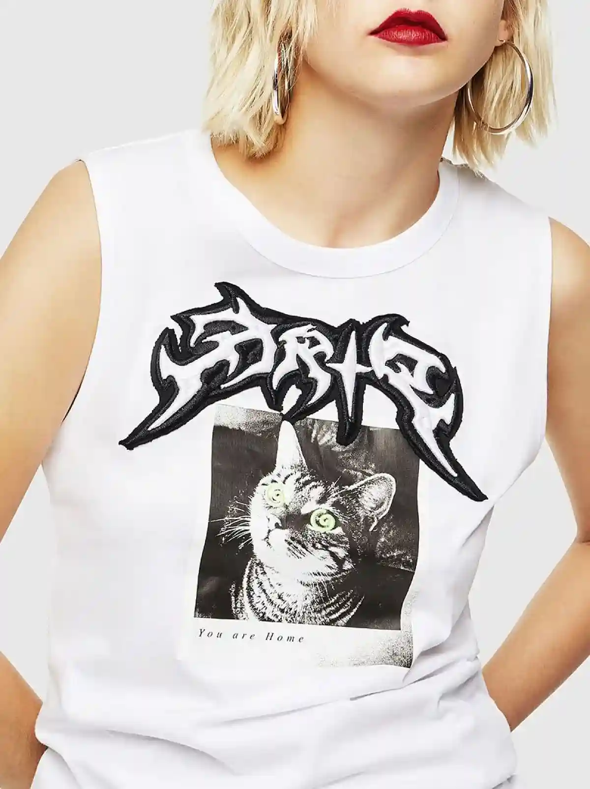 White Sleeveless T-shirt with cat print