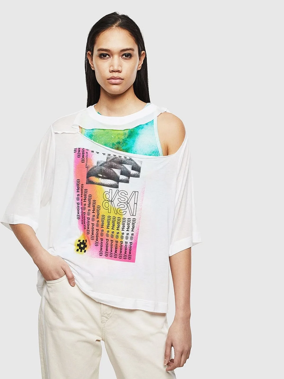 White Layered cut-out T-shirt with print