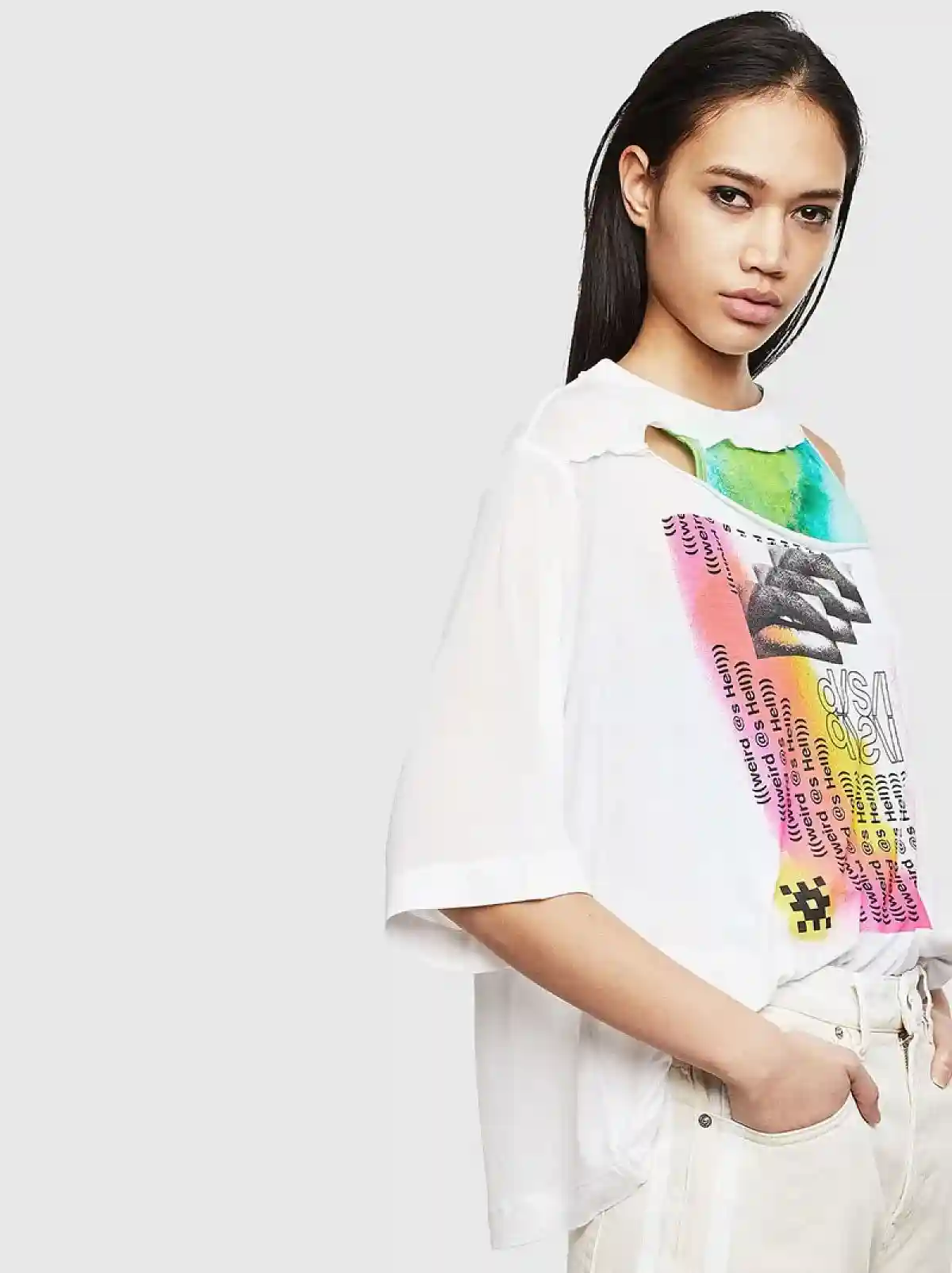 White Layered cut-out T-shirt with print