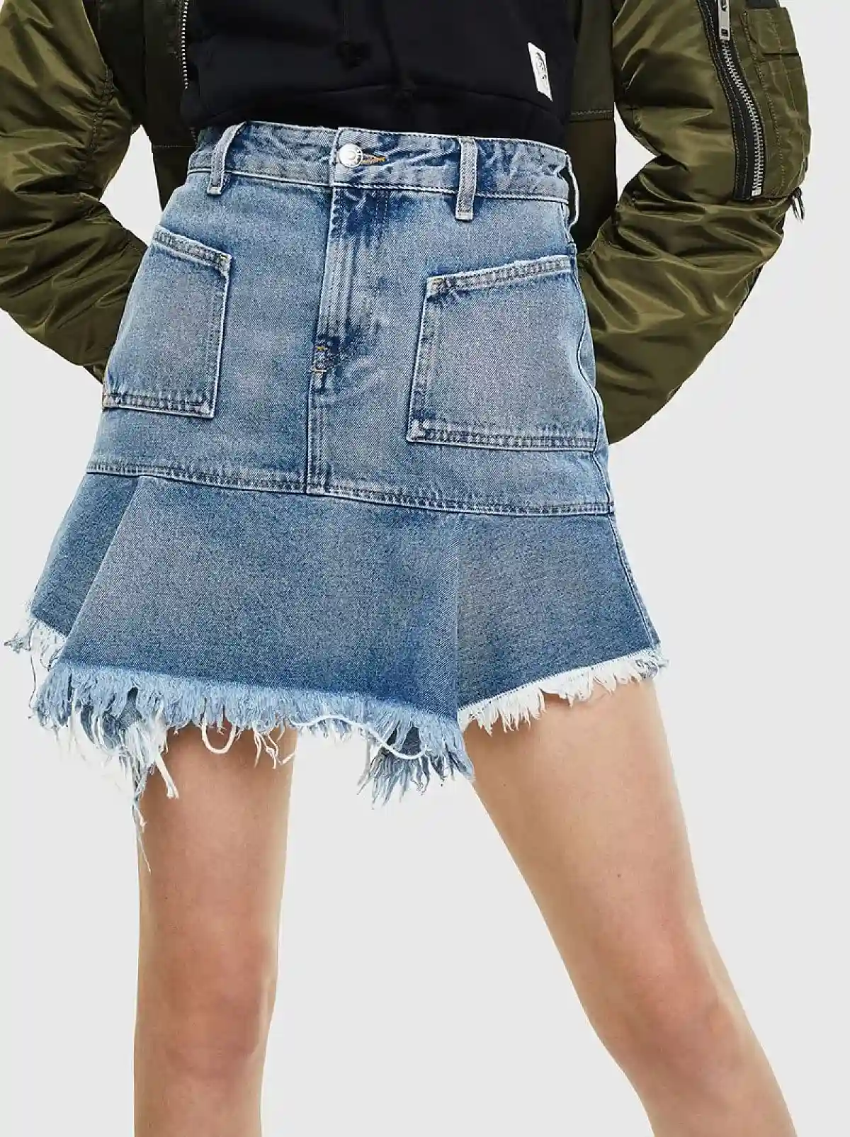 Blue Flounced denim skirt with frayed hem