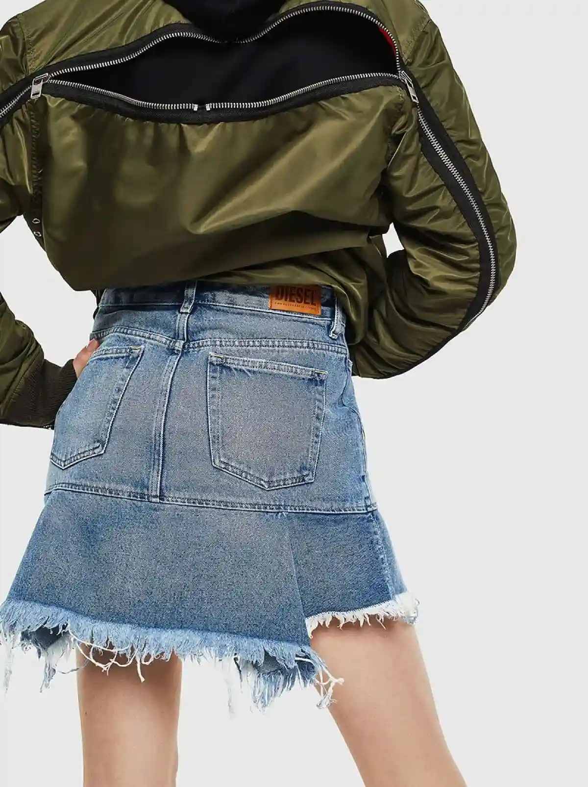 Blue Flounced denim skirt with frayed hem